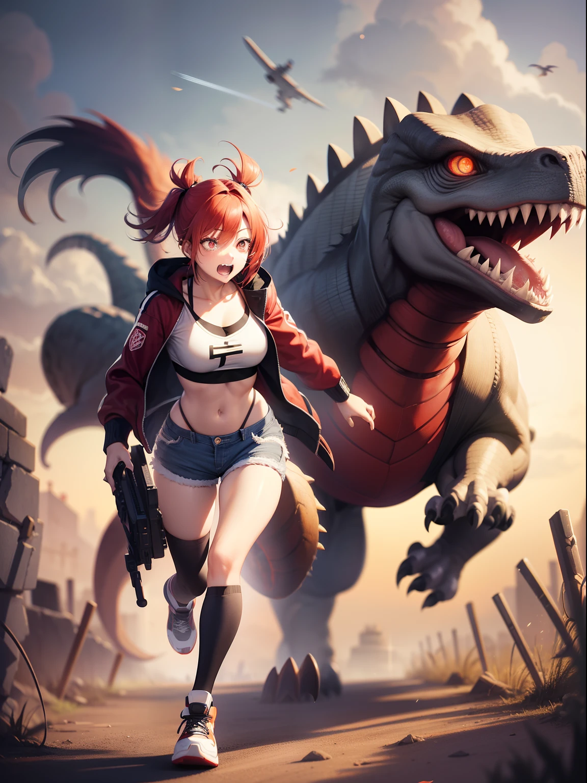Female asian Irina Shidou red hair twintails, in ancient Mayan ruins, wearing a bomber jacket and crop top and denim shorts, laser rifle in right hand, shooting laser rifle, running away from a giant raptor dinosaur, big scary raptor dinosaur running behind girl. Big terrifying raptor dinosaur with open mouth and sharp teeth running very fast, ray tracing, reflection light, depth of field, full body shot, masterpiece, best quality, high details, high quality, ccurate, textured skin, UHD