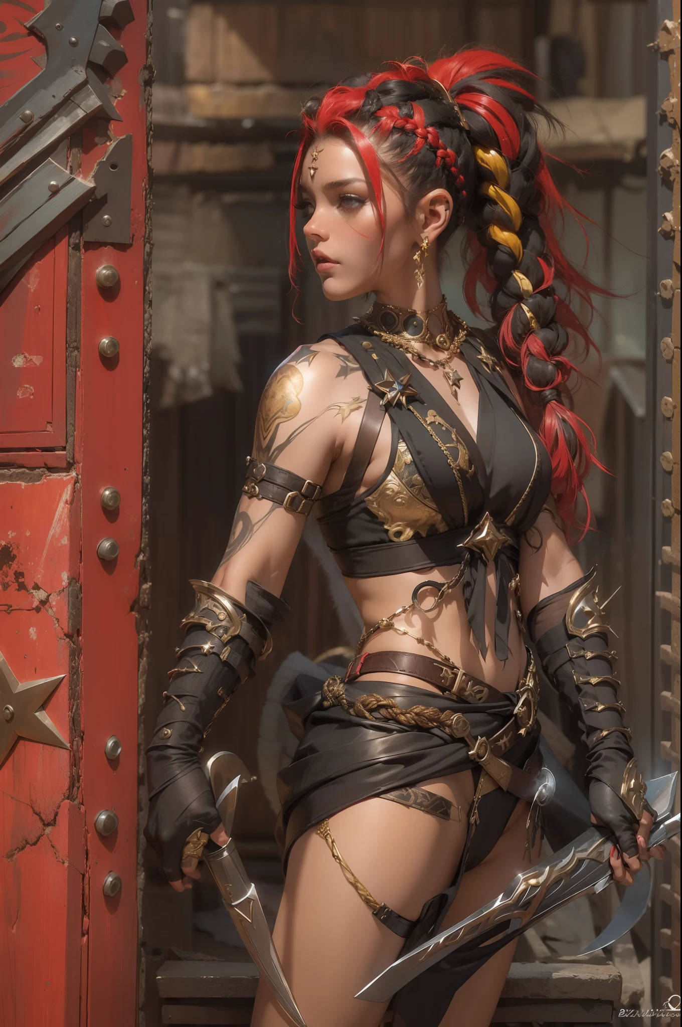 (((mulher))), (((melhor qualidade))), (((obra prima))), (((adulto))), ((( Vision from the waist up ))), Uma mulher guerreira gladiadora Barbara loira, of 30 years with athletic body, Post Apocalypse, Armadura moderna, capuz, Half-moon symbols and gold stars on clothing, Arabic symbols, muitas joias, (((sozinho))), (((1girl))) , Gladiadores do Brooklyn, quase nua no estilo selvagem urbano de Simon Bisley para a capa da revista Heavy Metal, cabelos moicanos, pose sensual, tiny leather panties, , Minimum clothing, black and red arabesque pattern, armadura, cheio de pontas e estrelas, (((da cintura pra cima))), mohawk hair with small braids, explosion of colors, Wowdk