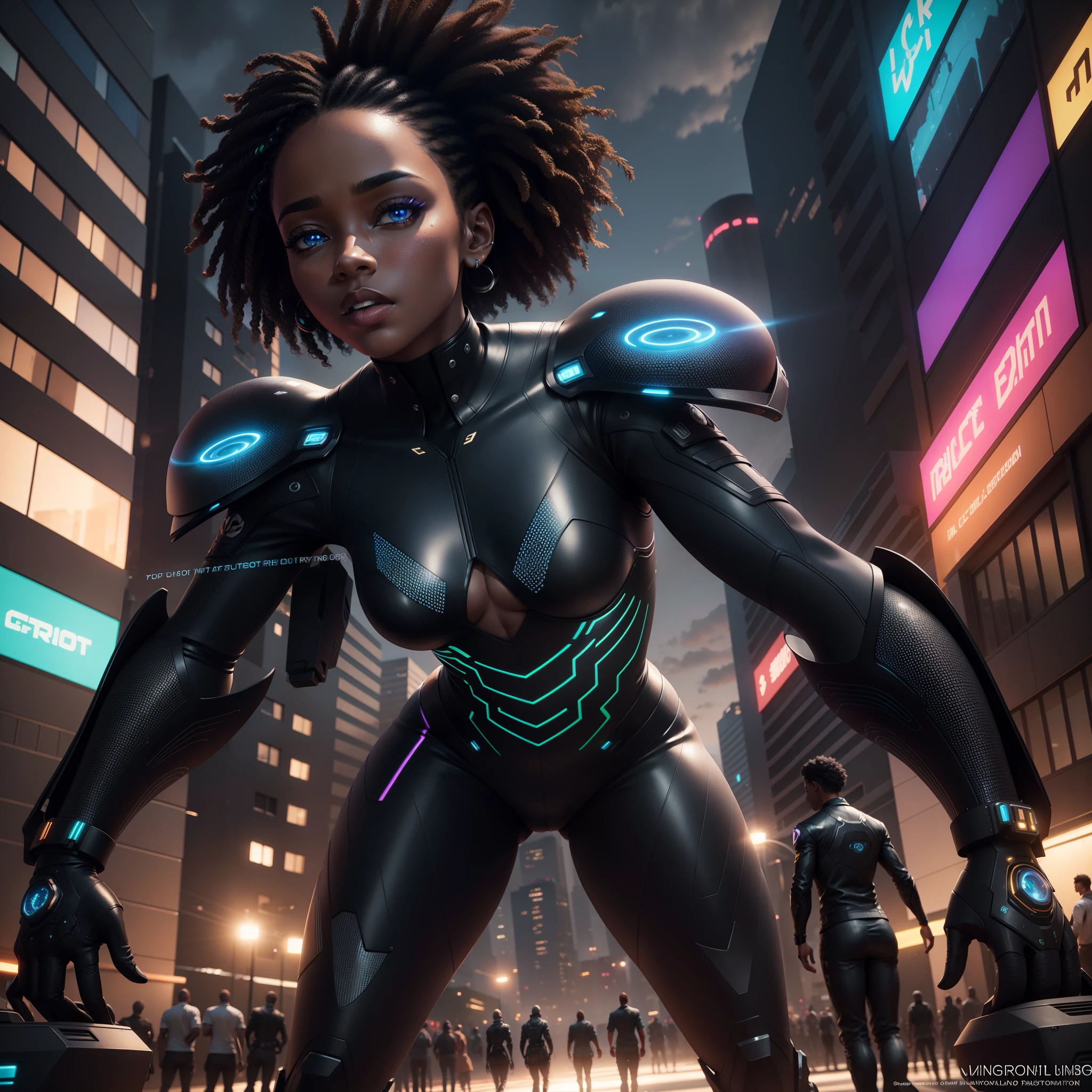 Black people having a party on the street, futuristic scene with drones floating and providing visuals with iridescent light, highly detailed images, vibrant beautiful colours, photorealistic image, 8k, ultra HD, unreal engine rendered, cinematic lighting, artgerm style,