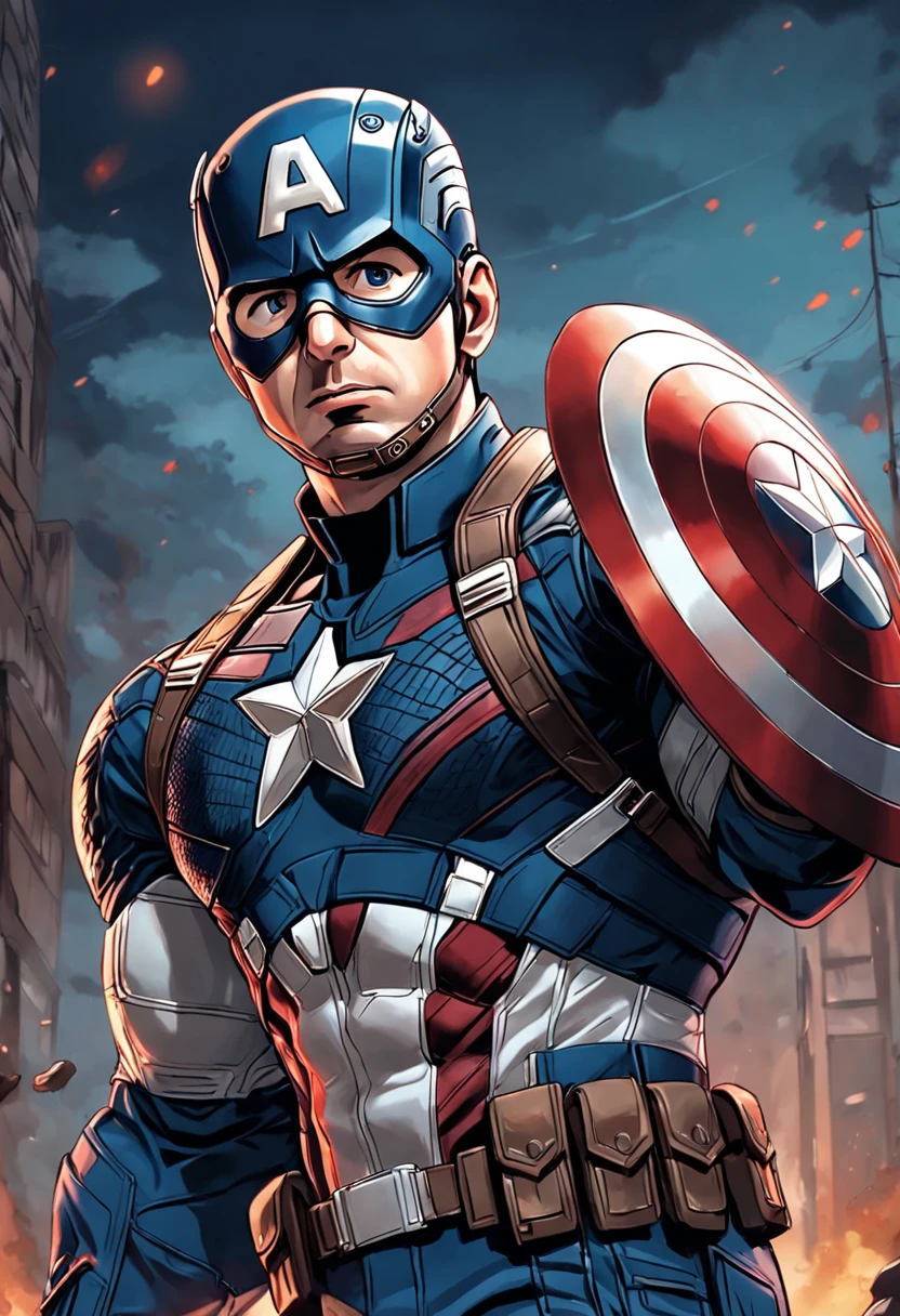 realistic,photorealistic,photo-realistic:1.37,best quality,4k,8k,highres,masterpiece:1.2,ultra-detailed,Chris Evans as Captain America,World War II battlefield scene,cinematic scene,dramatic lighting,intense action,heroic pose,military uniform,gritty textures,cloudy sky,explosions,gunfire,war machinery,detailed facial features,piercing blue eyes,chiseled jawline,determined expression