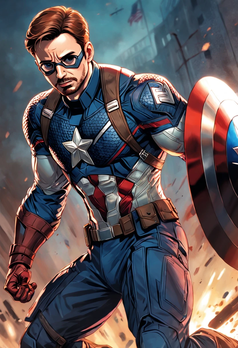 "A detailed illustration of Chris Evans as Captain America, encarando Robert Downey Jr (vestindo armadura do homem de ferro)."