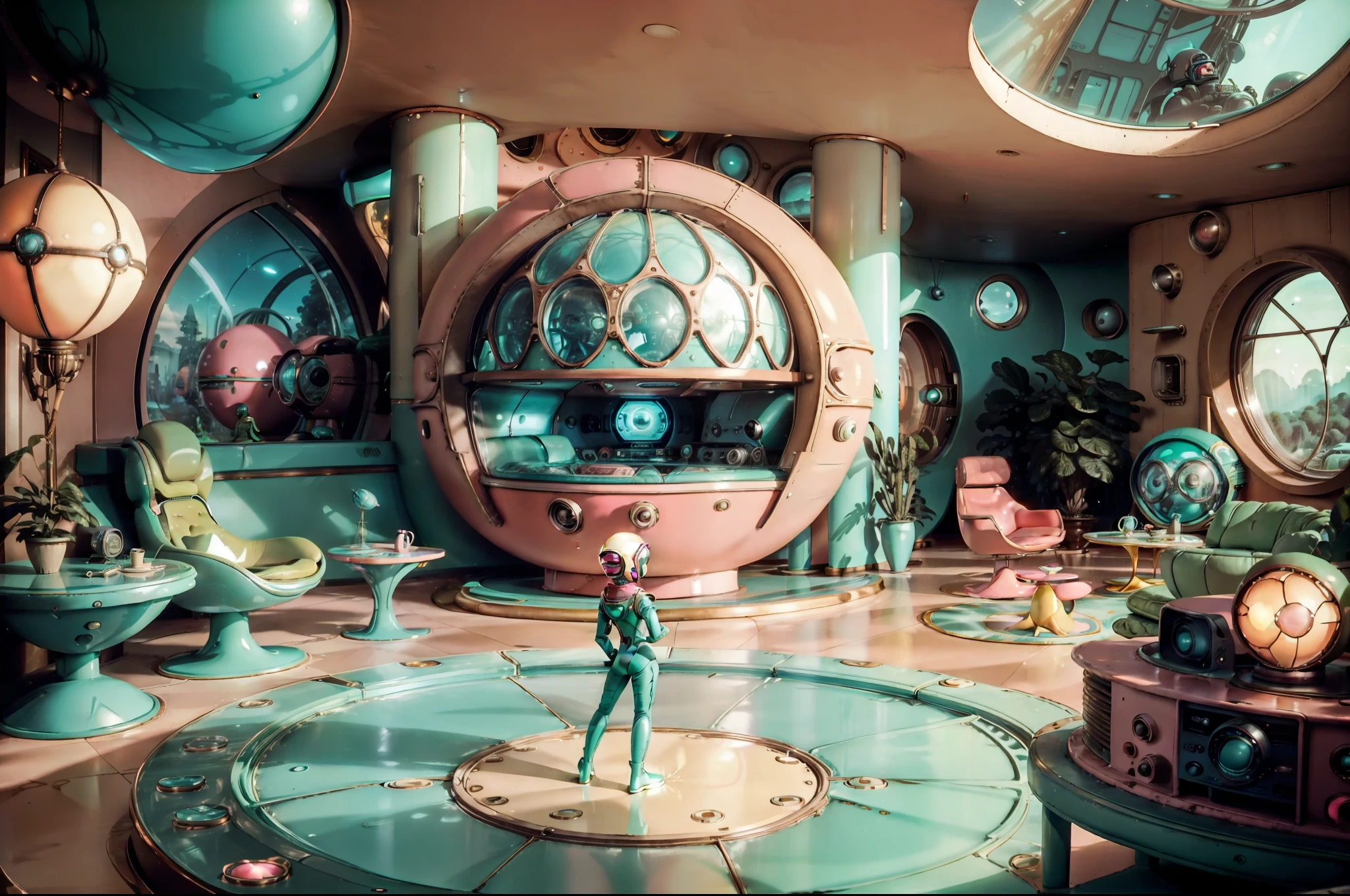 MartianS chilling out in a human house . Retrofuturistic house as background, big rounded windows, round tv, 1970's style furniture. Colorful image, palette with aquamarine, hot pink, taupe, beige, emerald. Illuminated by lamp and light through the windows. Highly detailed. Photorealistic.