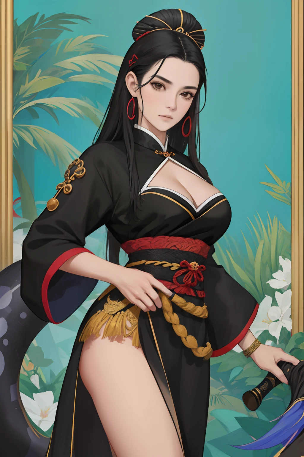 NSFW, obra-prima, melhor qualidade, ultra-hdetalhado, semi-realista, detailedfacialfeatures, 1 mulher,deidade marcial,Mulher usando roupa ancestral hunfa wuxia,princesa serpente,Villain,cabelos longos da cor negros,olhos negros fascinantes,seios grandes,muito bonita,voluptuosa mulher,sexy,maliciosa,poderosa,standing on top of an serpente grande holding a whip in his left hand,altiva.
Preparando