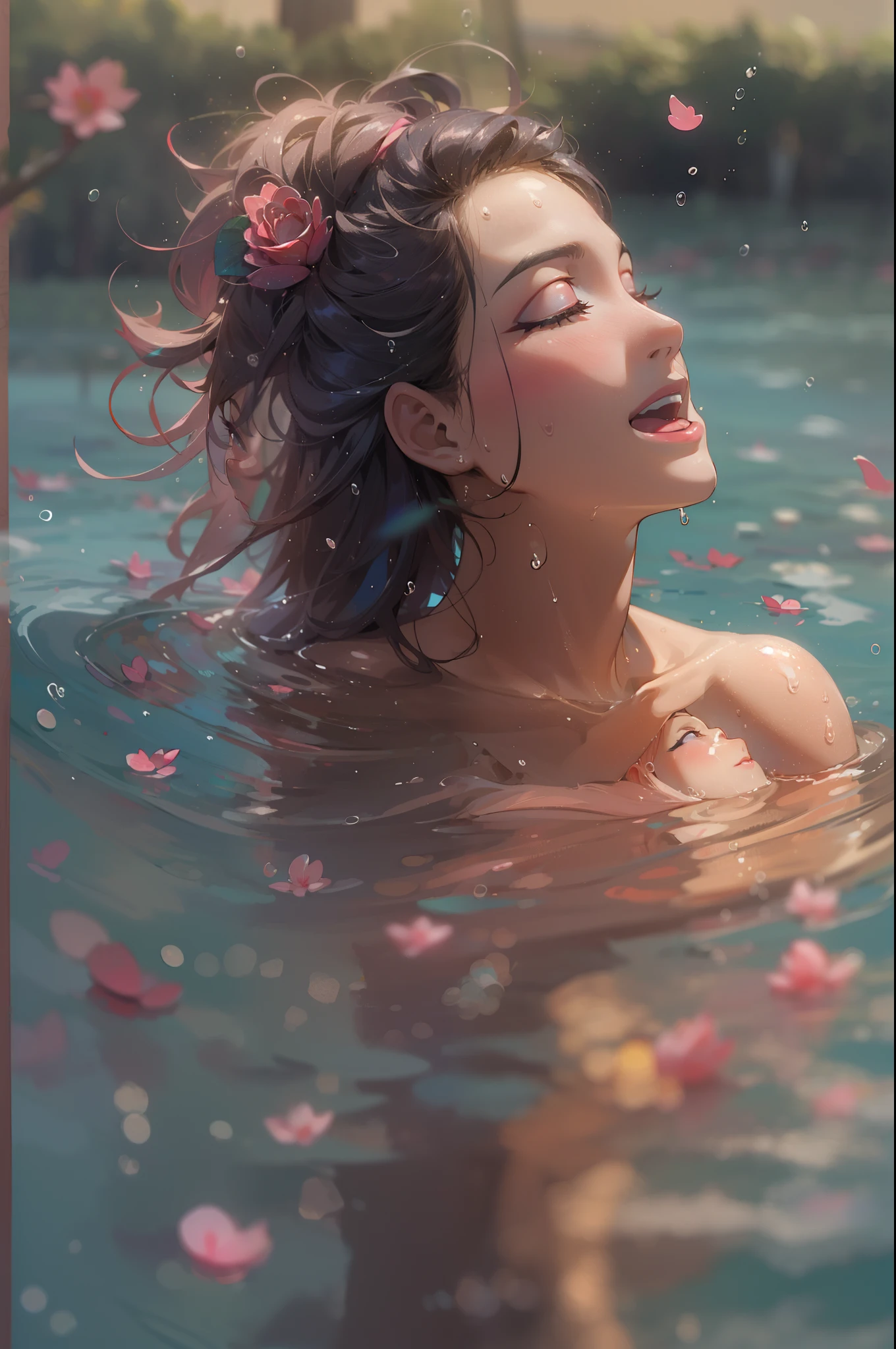 (obra maestra) (La mejor calidad) En un gran lago, A woman bathes in the water and pulls her wet hair back with her hands raised and her back smiles with joy and has a beautiful look.......... Ella lleva tonos oscuros de maquillaje, labios pintados de un rosa chicle y grandes pendientes. It's a hot summer day, There is good light and the sky is clear. (pechos grandes) (belleza ojos) (cabello rubio) (sexy)