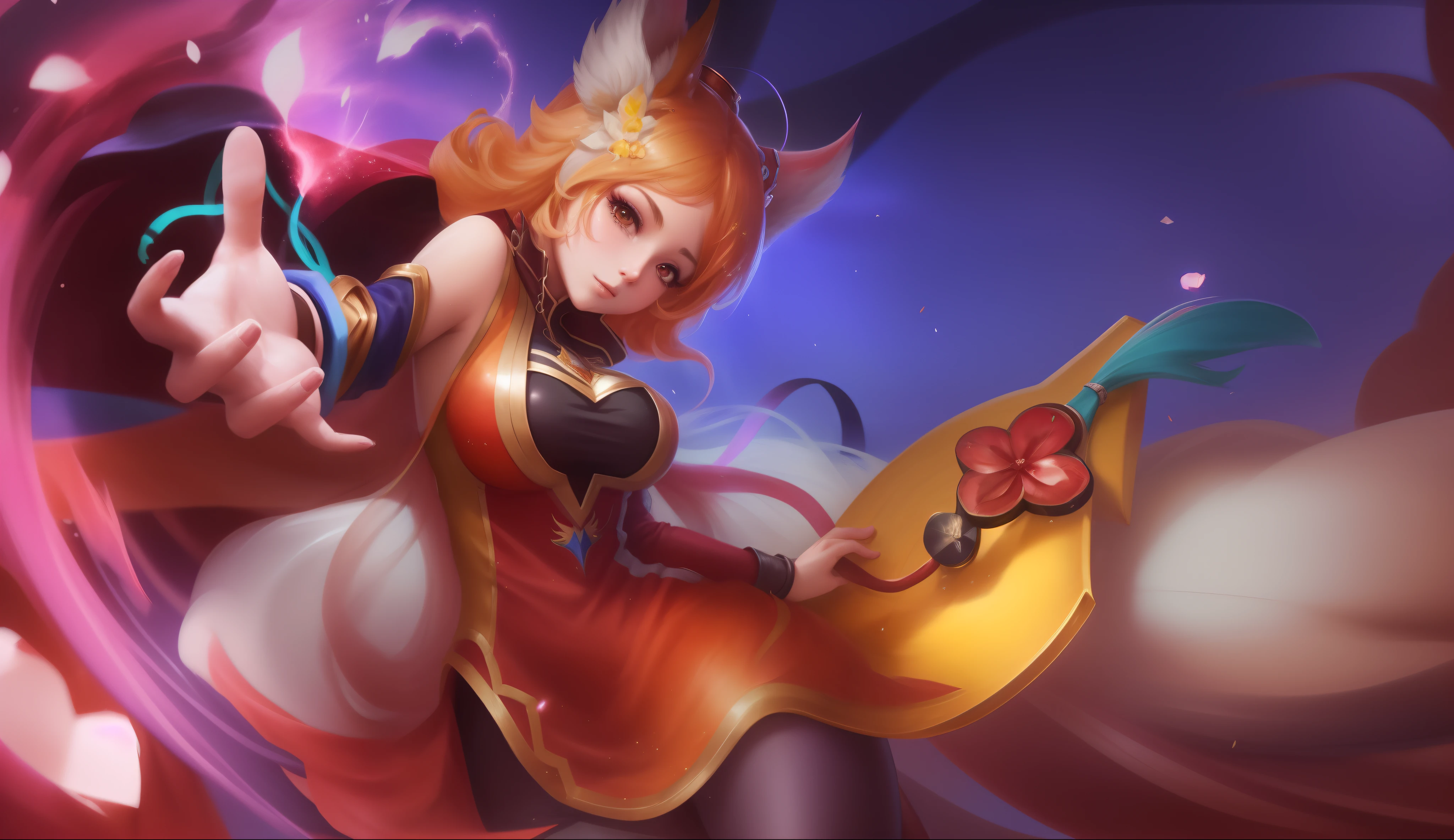 Anime girl with a sword and a banana in her hand, Ahri, Retrato de Ahri, Serafim Ahri KDA, splash arte anime loli, Artgerm extremamente detalhado, inspirado em Pu Hua, Estilo Artgerm, Estilo Artgerm, ! arte dos sonhos, Mago Celestial Lindo, Artgerm detalhado, ultra detalhista, 8K FULL HD