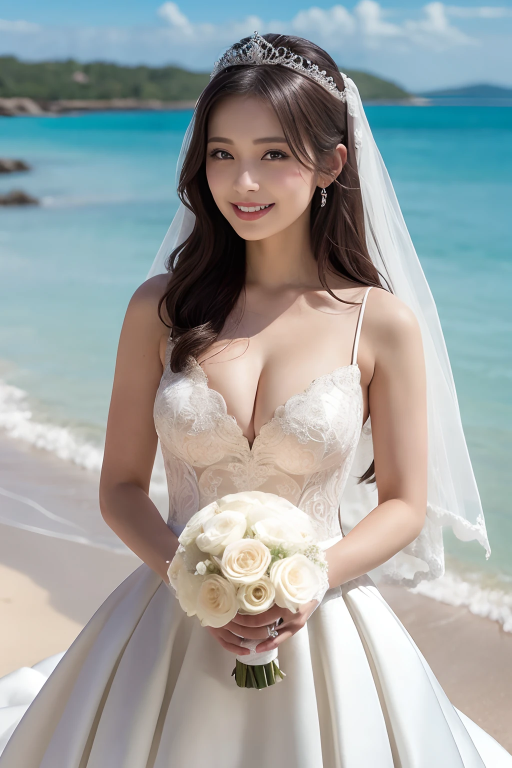 (Best Quality, masutepiece:1.2), (Realistic:1.3), (hyper detailed background, Detailed background), Bokeh, ((medium breasts:1.2)),[cleavage of the breast], (Princess Wedding Dresses:1.3),Bridal tiara, Bridal Veil, bridal gauntlets, Bridal Cascade Bouquet, Upper body, (White sandy beach on blue sea background:1.1), The skirt spreads round and wide, 1girl in, 20s, Cute,Smiling,