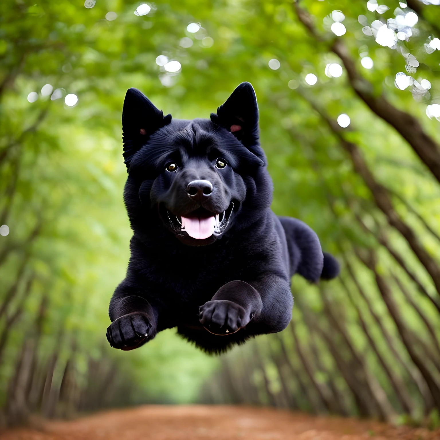 Desenhe o Bento, an adorable black Chow Chow dog, jumping for joy among the trees of the woods. Deixe seus olhos brilharem com entusiasmo. --auto --s2