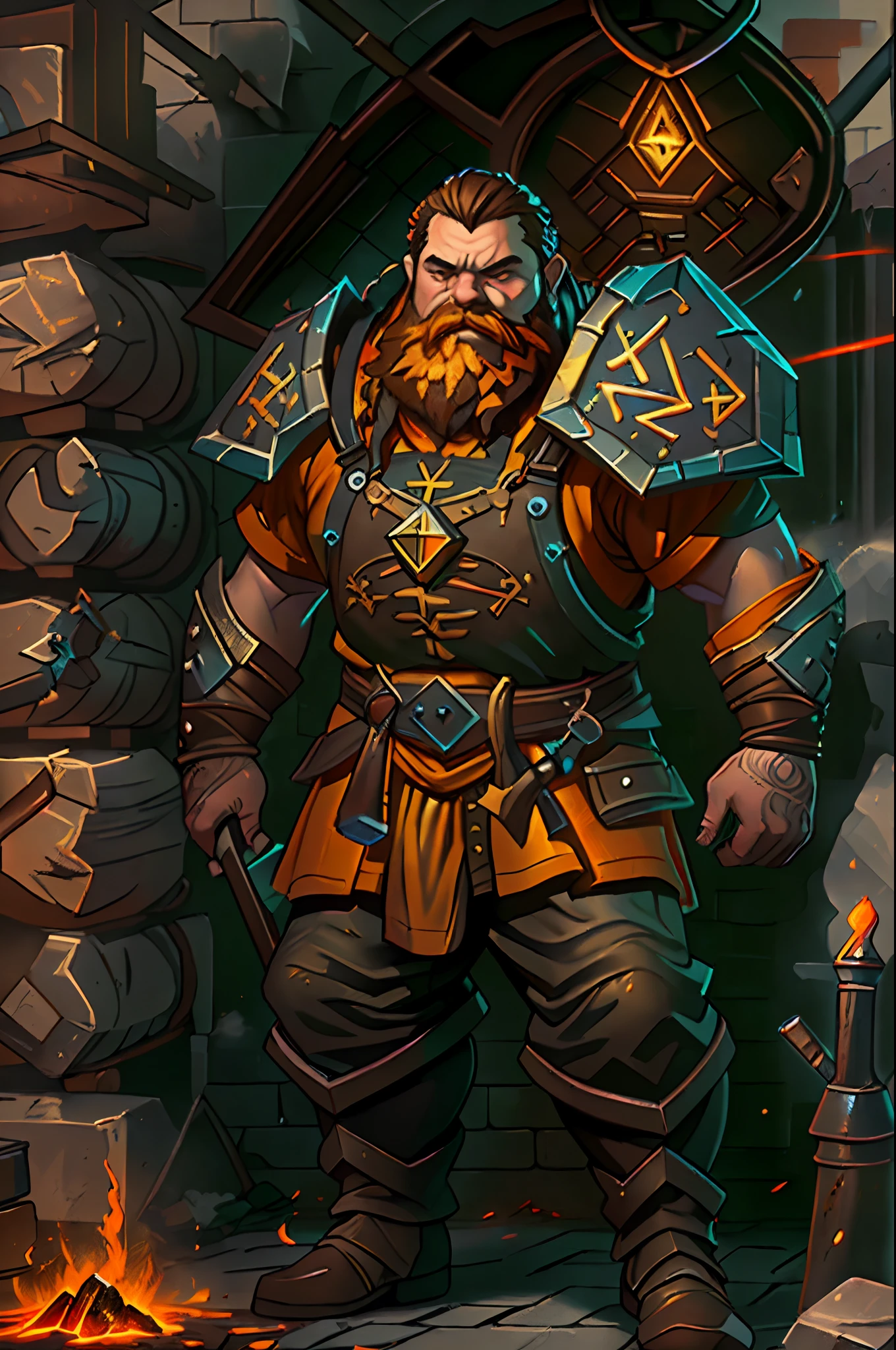 high details, best quality, 16k, [ultra detailed], masterpiece, best quality, (extremely detailed), full body, ultra wide shot, photorealistic, fantasy art, RPG art, D&D art, a picture of a dwarf working at his forge (intense details, Masterpiece, best quality), fantasy male dwarf (intense details, Masterpiece, best quality),(intense details, Masterpiece, best quality), brown hair, dynamic eyes color, ultra detailed face (intense details, Masterpiece, best quality), long beard, brown beard, moscular arms, wearing smith apron, holding a hammer in hand, hammer has mgical runes, shining GlowingRunes_yello yellowe runes (intense details, Masterpiece, best quality), working the forge (intense details, Masterpiece, best quality), fiery forge (intense details, Masterpiece, best quality), crafting magical metalic weapon, dwarven smithy and fiery forge background, shadow and light of a fiery orange (intense details, Masterpiece, best quality), High Detail, Ultra High Quality, High Resolution, 16K Resolution, Ultra HD Pictures, Ultra Realistic, Clear Details, Realistic Detail, Ultra High Definition