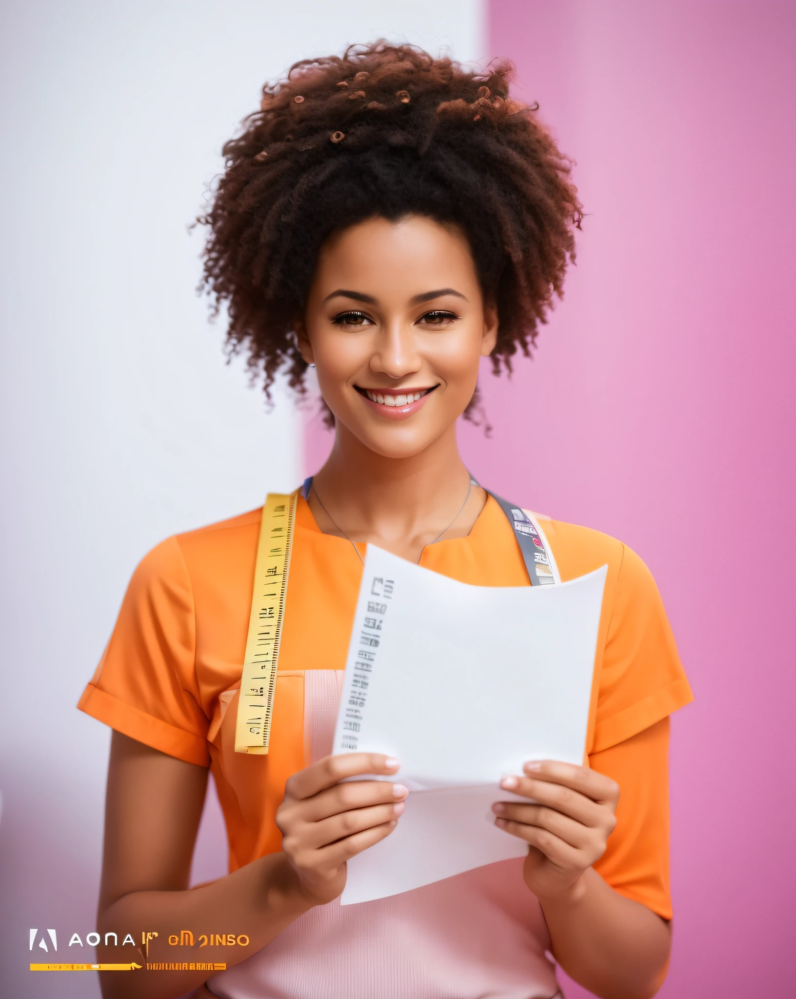 Smiling woman holding a piece of paper and tape measure, foto ainda, Imagem promocional, definir foto, foto de uma mulher negra, Comercial, em um fundo escuro, Nos bastidores, fotografia de close-up, foto retrato, advertising photo, captura de tela de alta qualidade, Retrato grande, mid portrait, foto conceitual, papel de alta qualidade, protagonista feminina, atriz