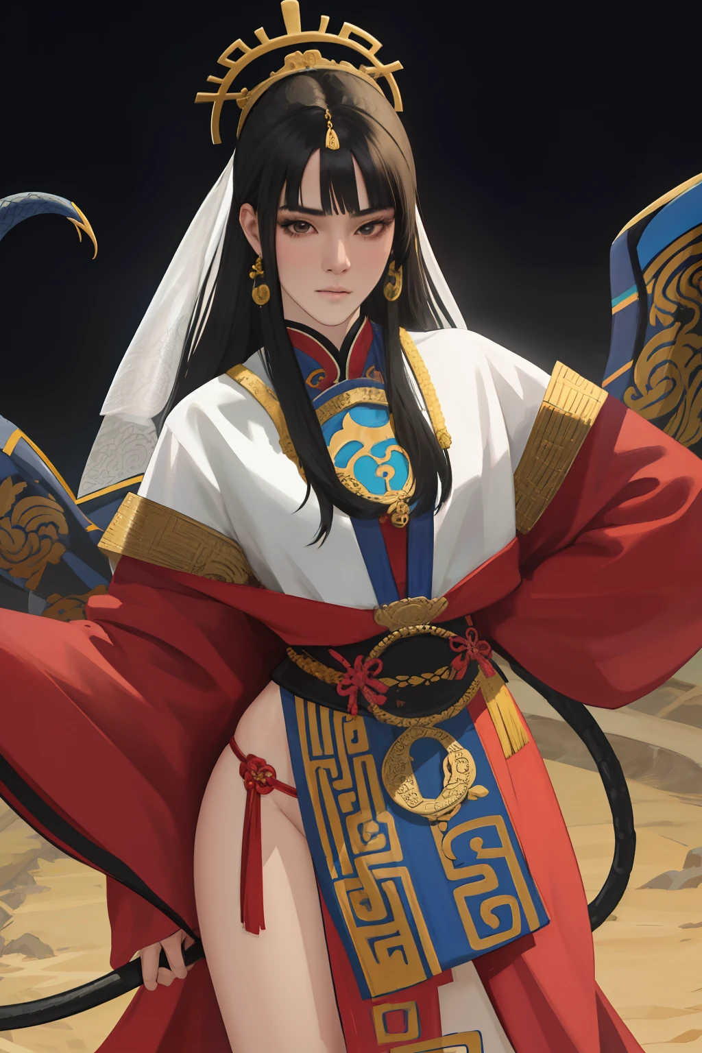 NSFW, obra-prima, melhor qualidade, ultra-hdetalhado, semi-realista, detailedfacialfeatures, 1 mulher,deidade marcial,Mulher usando roupa ancestral hunfa wuxia,princesa serpente,Villain,cabelos longos da cor negros,olhos negros fascinantes,seios grandes,muito bonita,voluptuosa mulher,sexy,maliciosa,poderosa,standing on top of an serpente grande holding a whip in his left hand,altiva.
Preparando