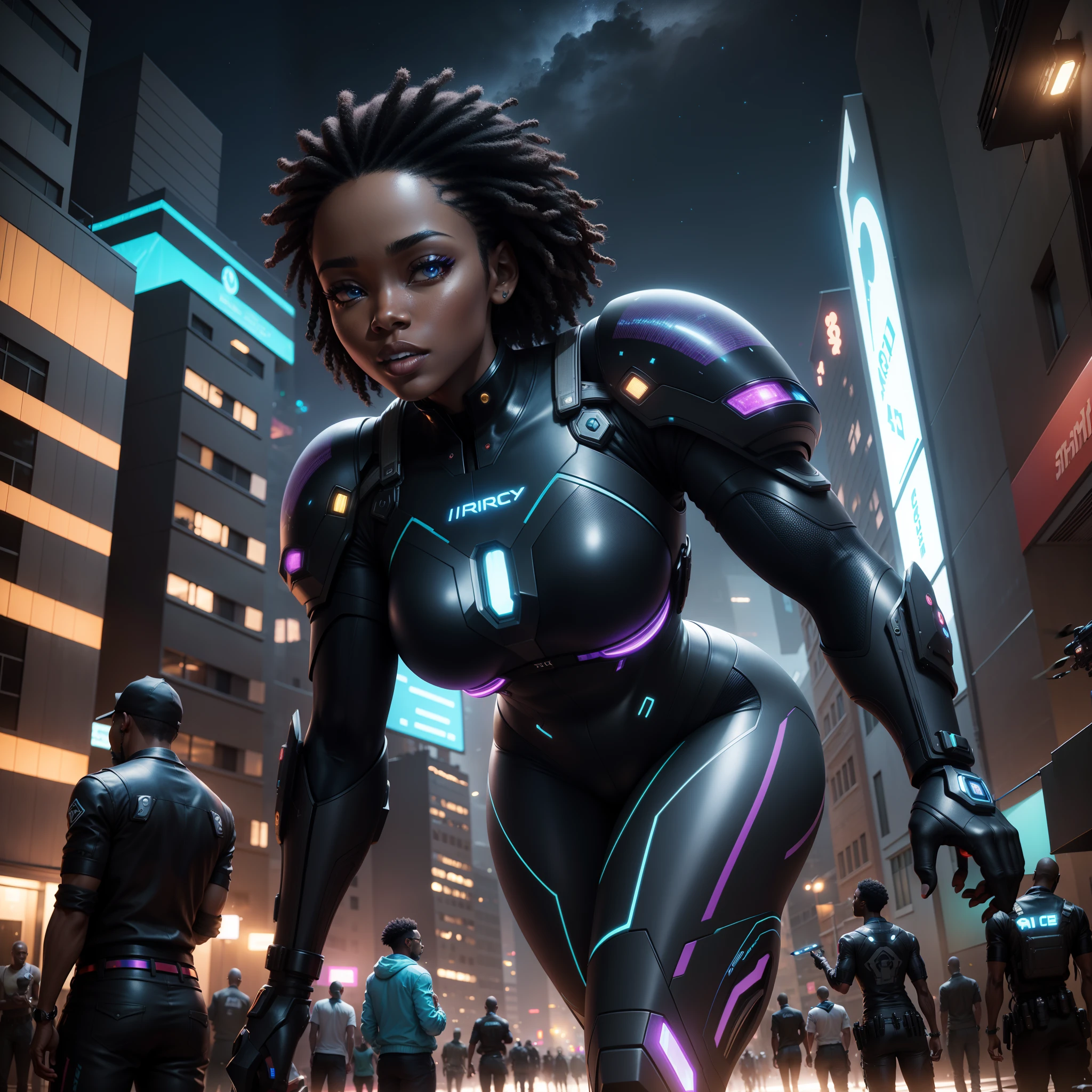 Black people having a party on the street, futuristic scene with drones floating and providing visuals with iridescent light, highly detailed images, vibrant beautiful colours, photorealistic image, 8k, ultra HD, unreal engine rendered, cinematic lighting, artgerm style,