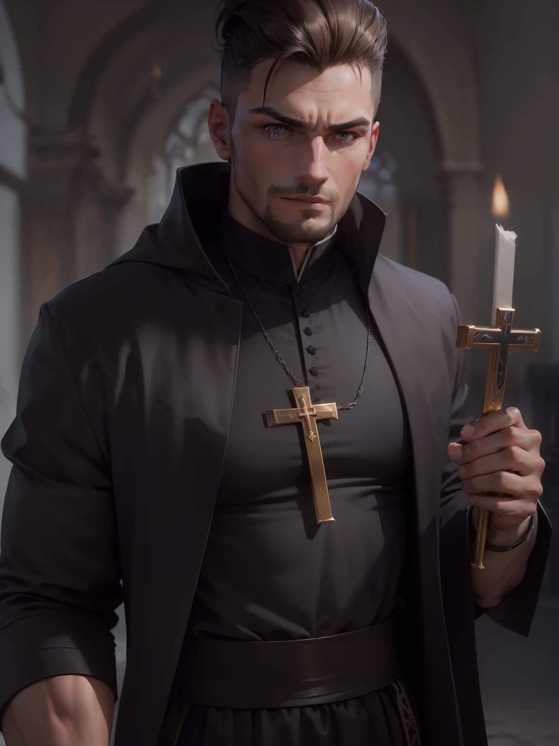 ((beste-Qualit, 8K, tmasterpiece: 1.3)), 1male, priest: 1.3, (Casual hairstyle, Large physique, Orthodox Cross: 1.2), black church cassock: 1.1, evil face, Brutality, hyper-detailing, devil, double eyelids, ssmile, temple
