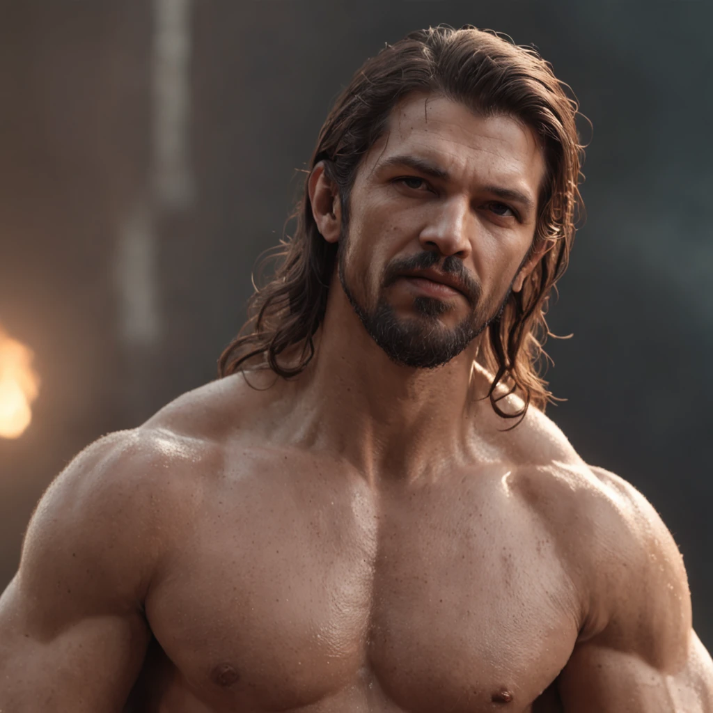 (Professional 3D rendering:1.3) de (Realistic:1.3) foto de arte mais bonita do mundo,soft features, brilliant male heroes, ((Epic hero rough fantasy muscular man wet hero angry look long hair short beard and fierce expression in dynamic pose, fantastic location, majestoso ambiente desordenado)), corpo inteiro 8k unidade render, action shot, poros da pele, very dark lighting, sombreamento pesado, circunstanciado, rosto detalhado, (Vibrando, Fotografia realista, Realistic, Dramatic, Escuro, foco nítido, 8k), (Roupas de couro velhas danificadas pelo mau tempo:1.4), ((((Use peles)))), (intrincado:1.4), decadente, (altamente detalhado:1.4), Pintura digital, rendering by octane, art stations, conceito-arte, liso, foco nítido, illustration, germe da arte, (Loish:0.23), Wlop Ilya Kuvshinov, e greg rutkowski e alphonse mucha gracias, (global ilumination, studiolight, light volumetric), chuva forte, floating particles, patife, fantasia, Nosso, Corpo inteiroesbiano, ((Fundo escuro e antigo da cidade:1.3)),CGSesociedade,art stations