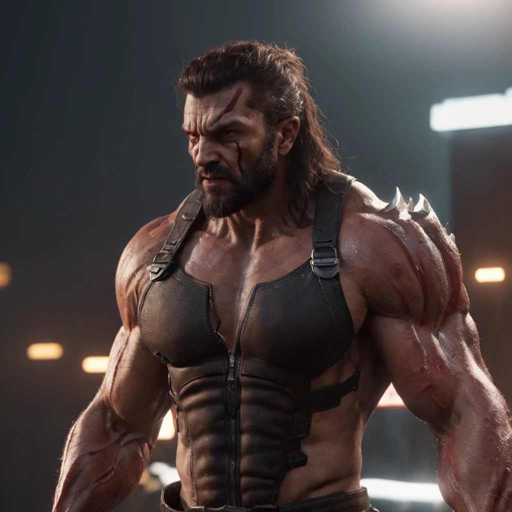 O cyberpunk do diabo de Wolverine (Professional 3D rendering:1.3) de (Realistic:1.3) foto de arte mais bonita do mundo,soft features, brilliant male heroes, ((Epic hero rough fantasy cyberpunk style armor muscular man wet hero angry look long hair short beard and fierce expression in dynamic pose, fantastic location, majestoso ambiente desordenado)), corpo inteiro 8k unidade render, action shot, poros da pele, very dark lighting, sombreamento pesado, circunstanciado, rosto detalhado, (Vibrando, fotografia realista, Realistic, Dramatic, Escuro, foco nítido, 8k), (Roupas de couro velhas danificadas pelo mau tempo:1.4), ((((Use peles)))), (intrincado:1.4), decadente, (altamente detalhado:1.4), Pintura digital, rendering by octane, art stations, conceito-arte, liso, foco nítido, illustration, germe da arte, (Loish:0.23), Wlop Ilya Kuvshinov, e greg rutkowski e alphonse mucha gracias, (global ilumination, studiolight, light volumetric), chuva forte, floating particles, patife, fantasia, Nosso, Corpo inteiroesbiano, ((Fundo escuro e antigo da cidade:1.3)),CGSesociedade,art stations