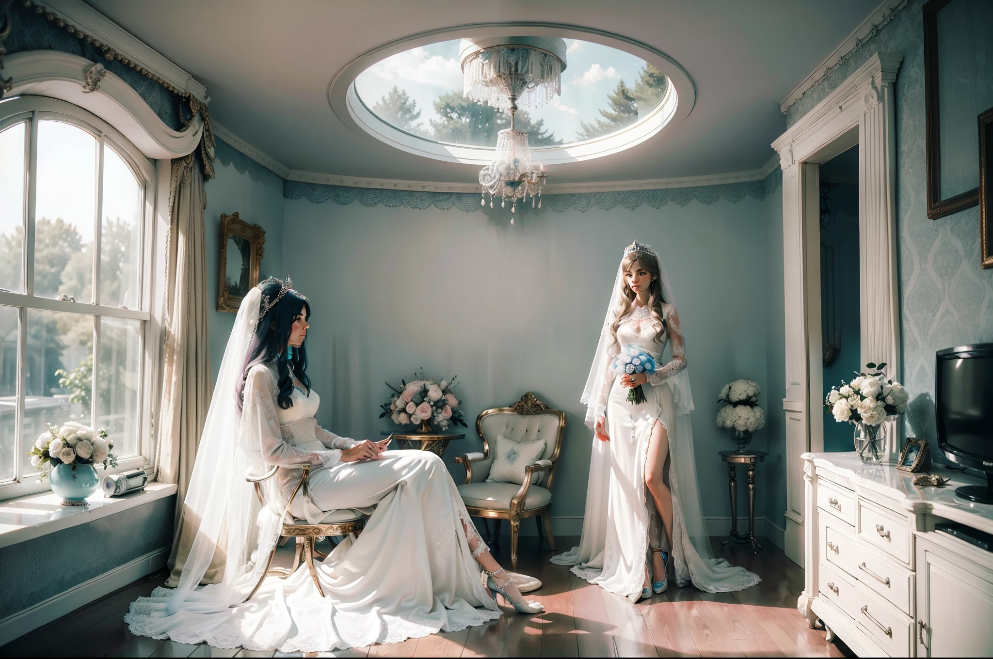Bride and groom chilling out in a house. Groom in hippie chic suit. Bride in conservative Broderie wedding dress, creamy white satin, long sleeves, medium long veil, tiara and embellishments in silver and aquamarine. Retrofuturistic house as background, big rounded windows, round tv, 1970's style furniture. Colorful image, palette with blue, teal, lilac, beige, fuchsia. Illuminated by lamp and light through the windows. Highly detailed. Photorealistic.