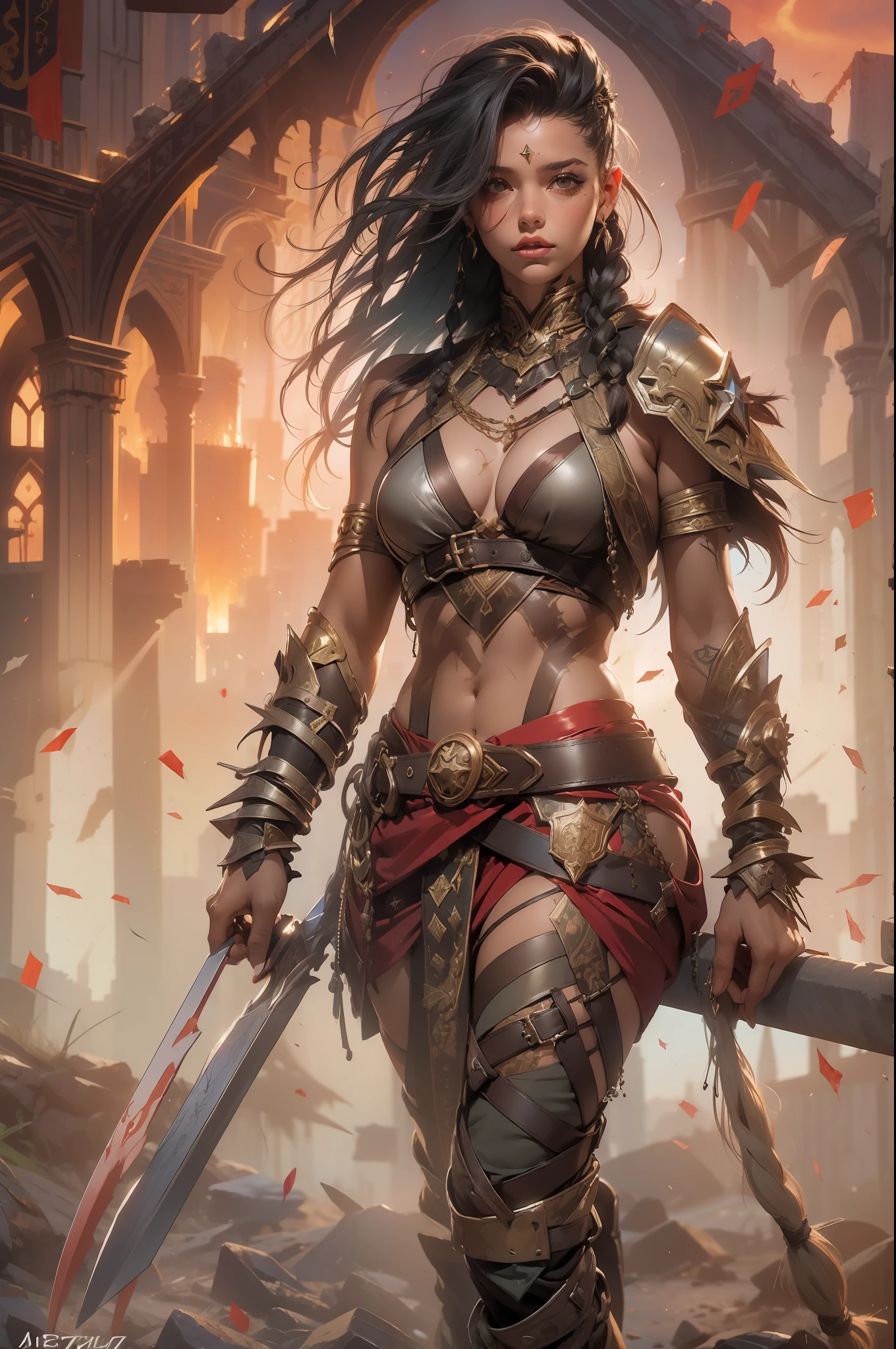 (((mulher))), (((melhor qualidade))), (((obra prima))), (((adulto))), ((( Vision from the waist up ))), Uma mulher guerreira gladiadora Barbara loira, of 30 years with athletic body, Post Apocalypse, Armadura moderna, capuz, Half-moon symbols and gold stars on clothing, Arabic symbols, muitas joias, (((sozinho))), (((1girl))) , Gladiadores do Brooklyn, quase nua no estilo selvagem urbano de Simon Bisley para a capa da revista Heavy Metal, cabelos moicanos, pose sensual, tiny leather panties, , Minimum clothing, black and red arabesque pattern, armadura, cheio de pontas e estrelas, (((da cintura pra cima))), mohawk hair with small braids, explosion of colors, Wowdk