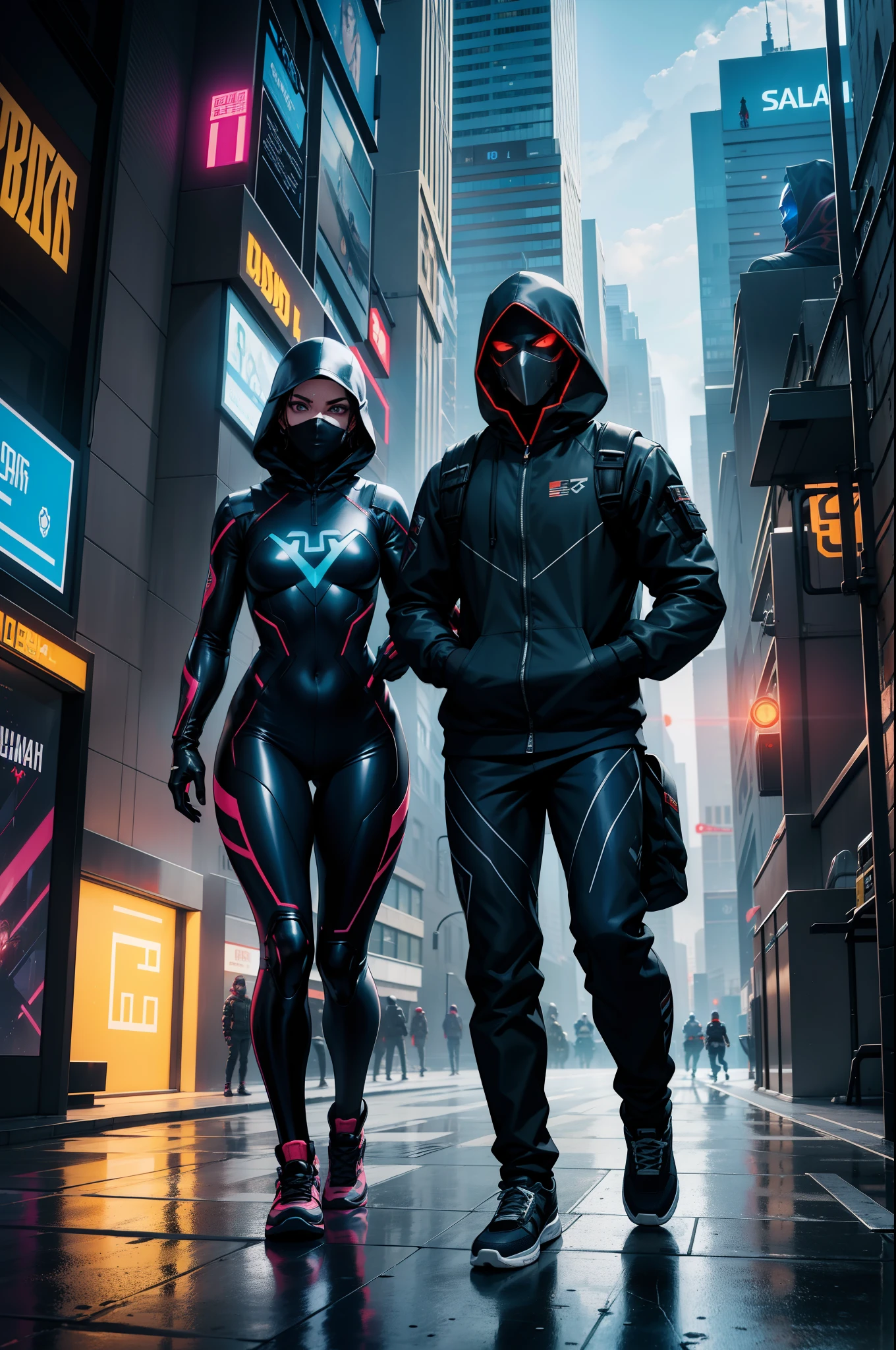 parkour, holograma, Dois personagens correndo, subway, futuro, technological suit, Tecnologia, sneaker, mochila, cabelo preto curto, cabelo loiro, curto, cidade futurista, night  sky ,carros futuristas, Two characters running around wearing a technological mask, 8k, dramatic scene, hood and mask, Technological clothing, city full of buildings with holograms, suit vermelha e preta, Fleeing the police