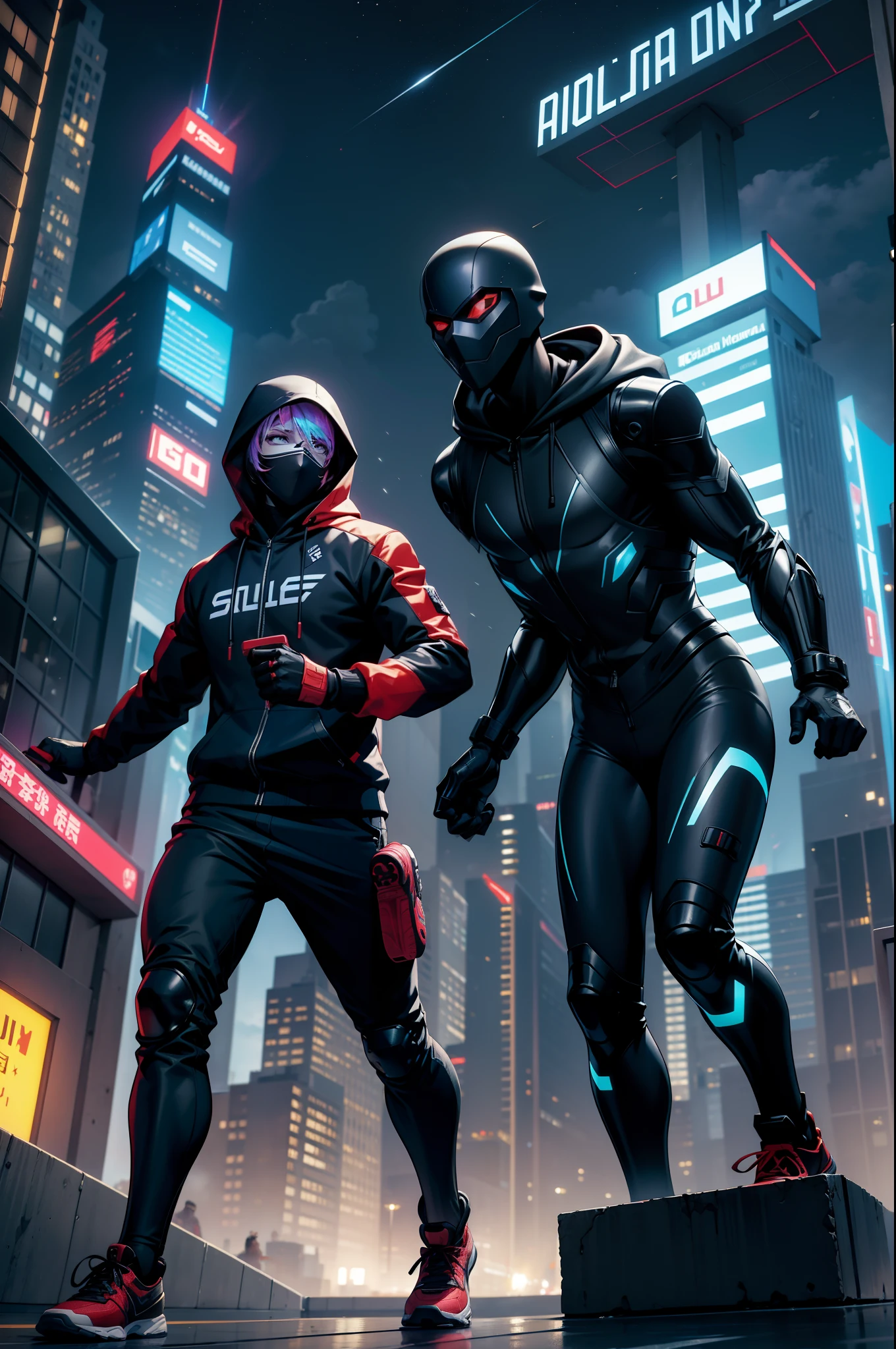 parkour, holograma, Dois personagens correndo, subway, futuro, technological suit, Tecnologia, sneaker, mochila, cabelo preto curto, cabelo loiro, curto, cidade futurista, night  sky ,carros futuristas, Two characters running around wearing a technological mask, 8k, dramatic scene, hood and mask, Technological clothing, city full of buildings with holograms, suit vermelha e preta, Fleeing the police