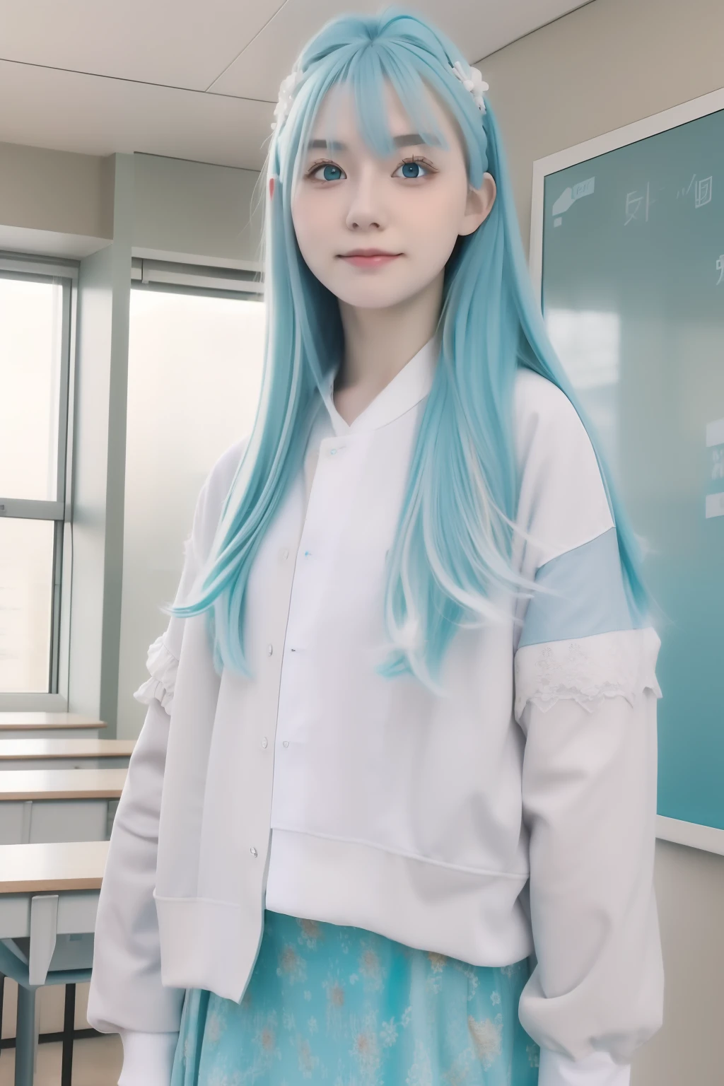 mix4, best quality, ultra high res, (photorealistic:1.4), intricate details, 1girl, Kobo, Multicolored hair, Aqua eyes, light blue hair, white hair tips, smirk, petite, wear white shirt, light blue skirt, classroom background, soft lightning, warm tone, tan skin, realistic