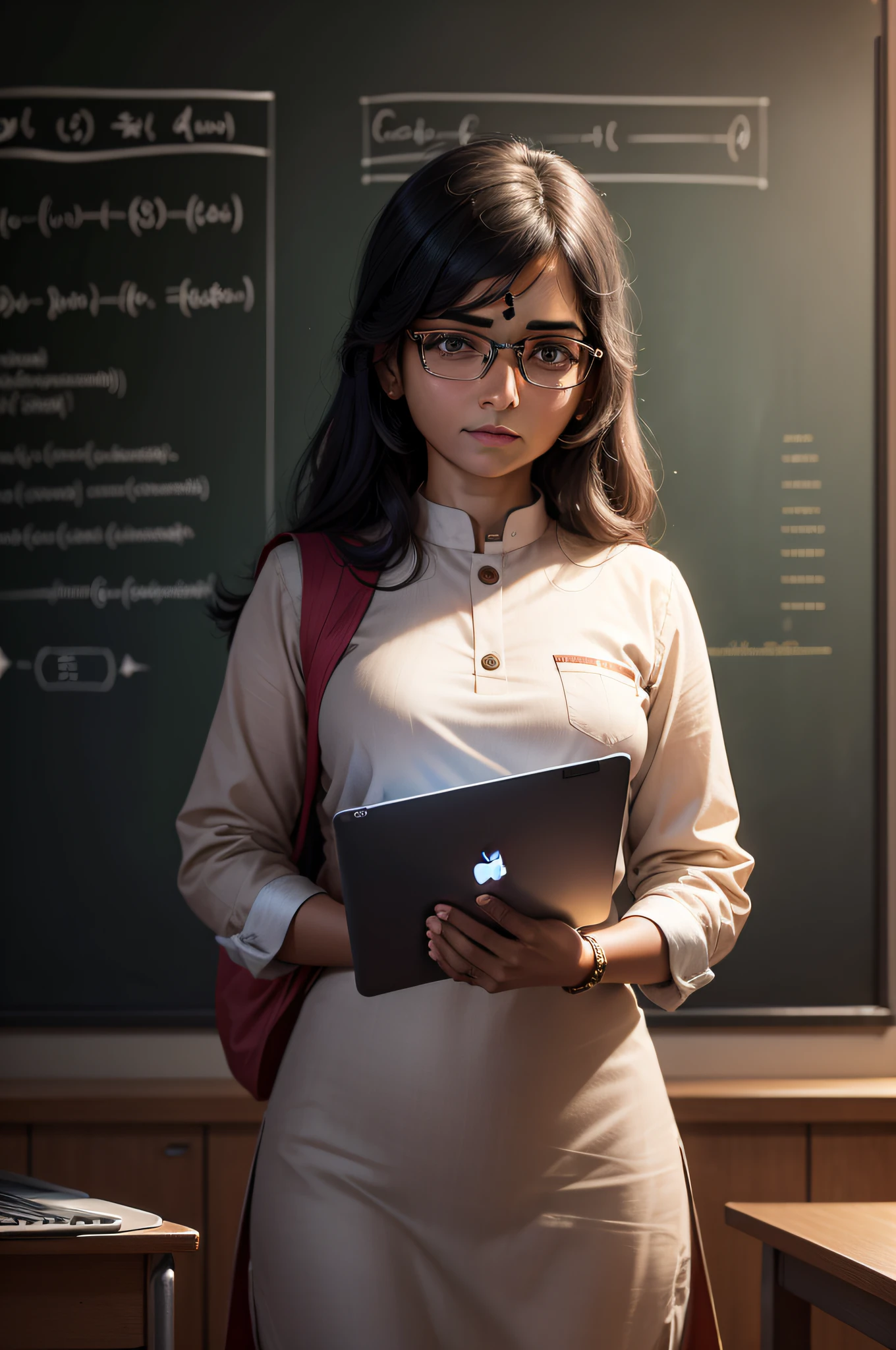 An Indian woman stands confidently, her pen in hand, a laptop beside her, and a blackboard behind her, filled with equations and symbols that she is ready to solve , she is looking in front