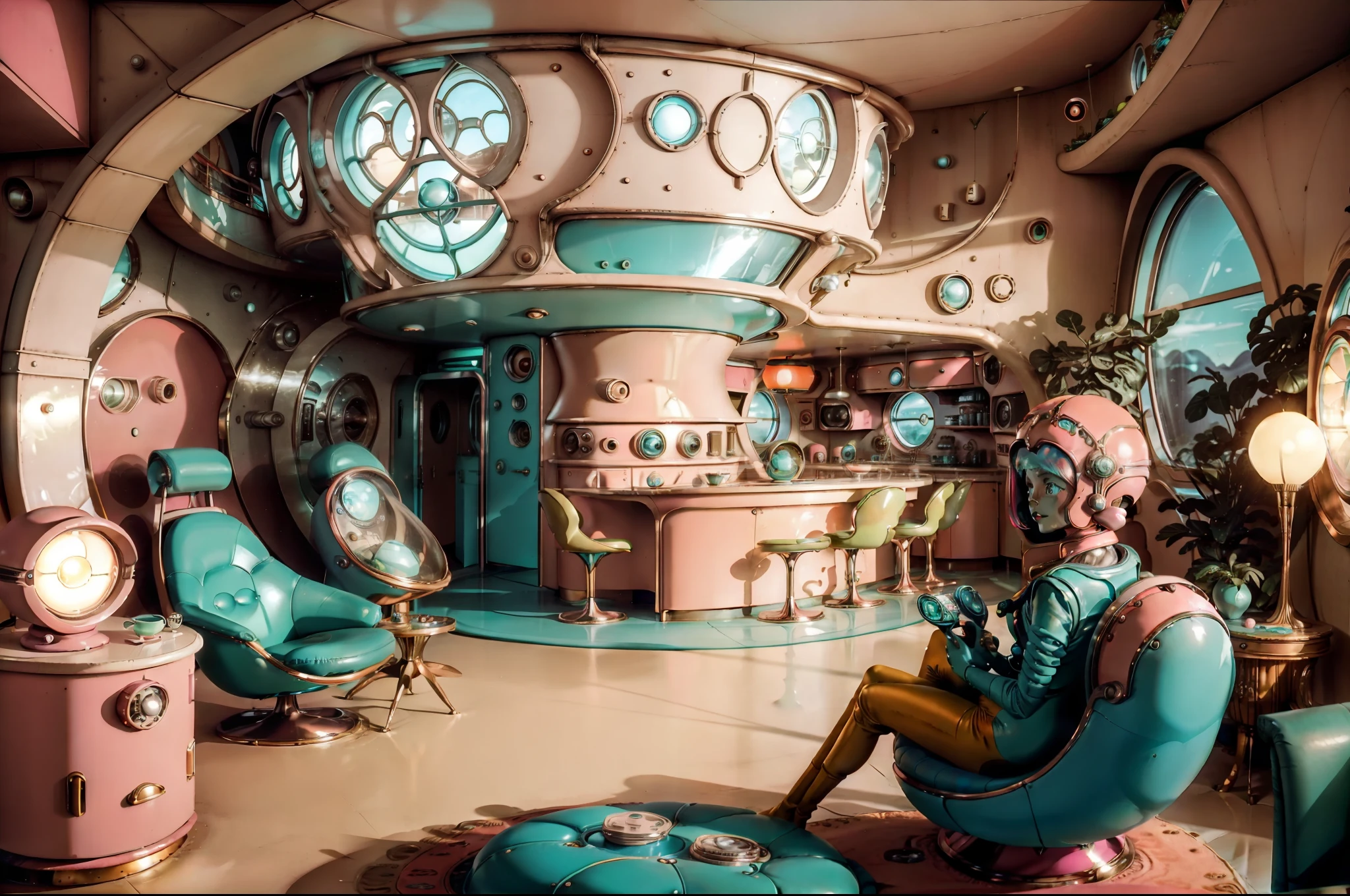 MartianS chilling out in a human house . Retrofuturistic house as background, big rounded windows, round tv, 1970's style furniture. Colorful image, palette with aquamarine, hot pink, taupe, beige, emerald. Illuminated by lamp and light through the windows. Highly detailed. Photorealistic.