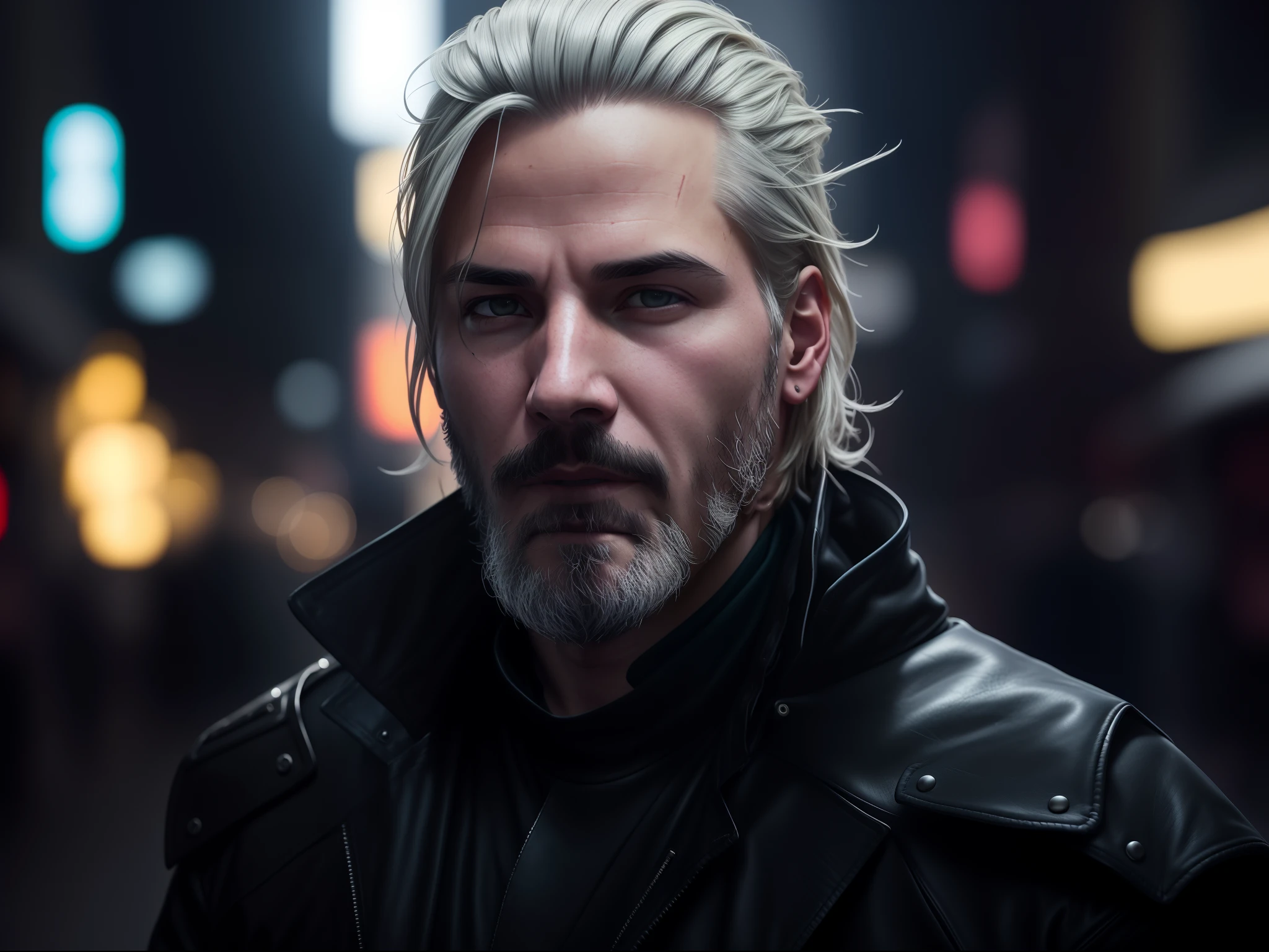 there is a man with a beard and a leather jacket, in the position of TV presenter, popping up the whole head, sem corte, olhando para cameras, Retrato de um homem cyberpunk, Velho cyberpunk, Estilo cyberpunk hiper-realista, Arte cyberpunk 8K ultrarrealista, 8k portrait render, homem de cabelos grisalhos escuros, Estilo cyberpunk , hiper-realista, retrato cyberpunk, Anton Fadeev 8 K, Keanu Reeves como Geralt de Rivia