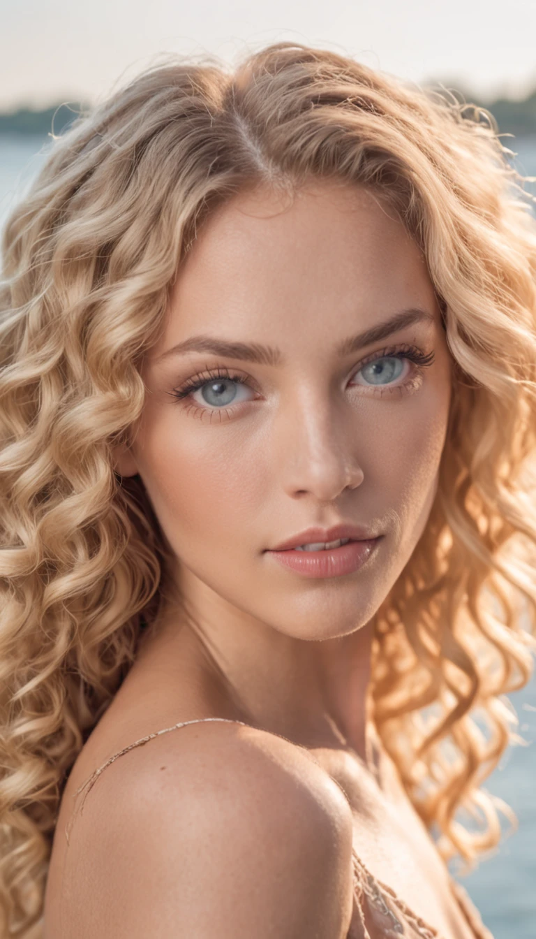 a beautiful blonde woman with curly hair, blaue Augen, tan skin, in Sommerkleidung, auf einem Schiff, full entire body，Pudendus-Vision