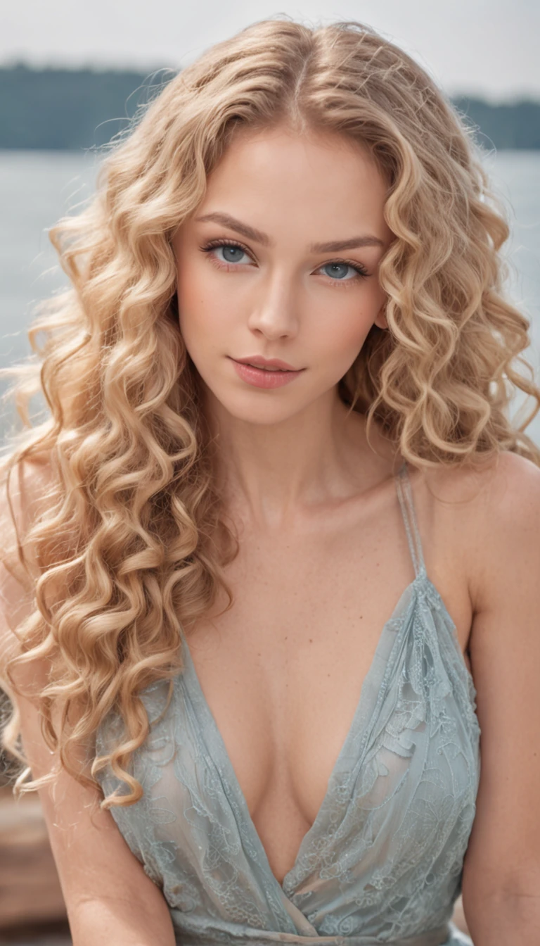 a beautiful blonde woman with curly hair, blaue Augen, tan skin, in Sommerkleidung, auf einem Schiff, full entire body,Pudendus-Vision