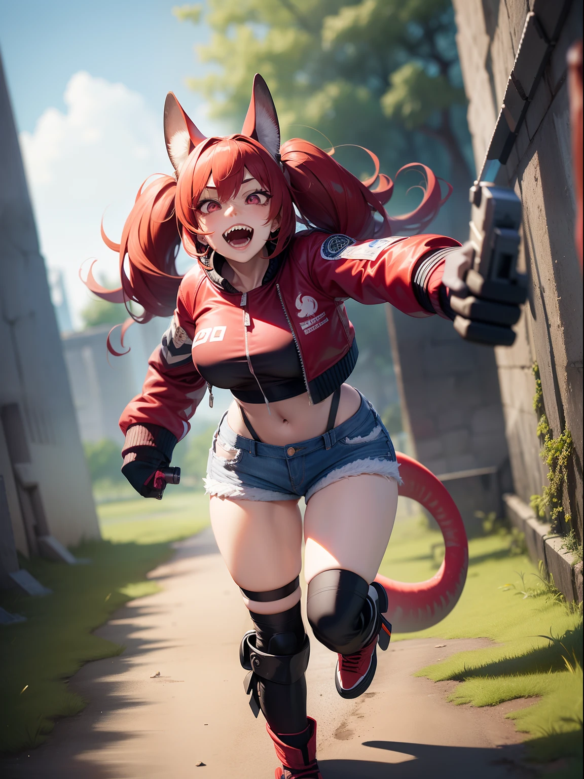 Female asian Irina Shidou red hair twintails, in ancient Mayan ruins, wearing a bomber jacket and crop top and denim shorts, laser rifle in right hand, shooting laser rifle, running away from a giant raptor dinosaur, big scary raptor dinosaur running behind girl. Big terrifying raptor dinosaur with open mouth and sharp teeth running very fast, ray tracing, reflection light, depth of field, full body shot, masterpiece, best quality, high details, high quality, ccurate, textured skin, UHD