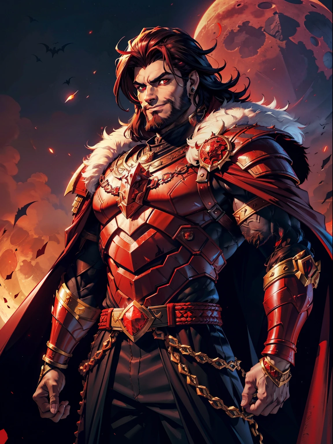 Dark night blood moon background, Hades style, game portrait, Sadurang from Marvel, hunk, buffed physics, short mane hair, mullet, defined face, detailed eyes, short beard, glowing red eyes, dark hair, wily smile, badass, dangerous, wearing full armor with red dragon scales, cape of furs