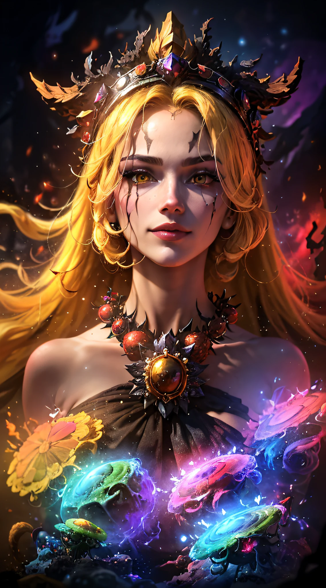 Looking at the viewer, vibrant look, goddess of multiversal monsters, female, evil goddess, serene, devilish smile, (lush hair, long hair, blonde, (forehead), messy hair), (yellow eyes+black sclera))))))) , Goddess long dress, thin, big breasts, wide waist, horrible, dark fantasy, destruction ((realistic master, psychedelic art, ultra-dectalized face, ultra-deatalized body, ultra-dectalized eyes, cinematographic, ultra-delay, severe Lighting, 16k)), -Slash Art 100, Chaos 750, Stylized 750, Galaxy, Stars, Planets in the background,