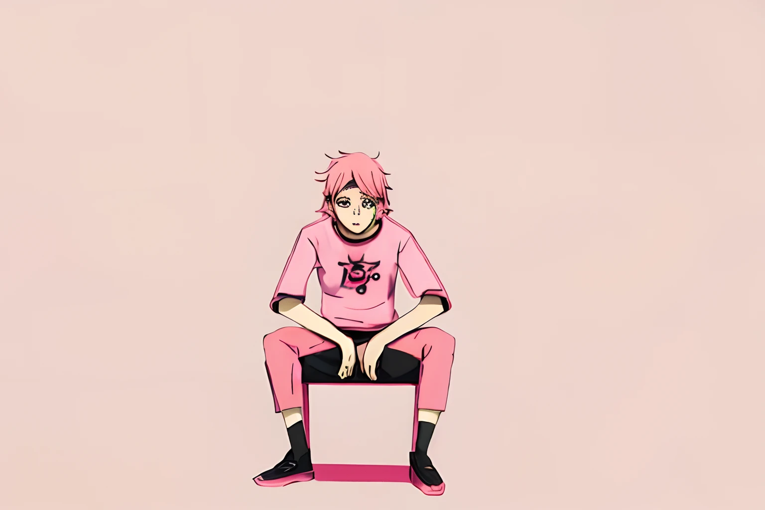 as anime character, sad face, looking down, sit pose, pink t-shit, shoes,