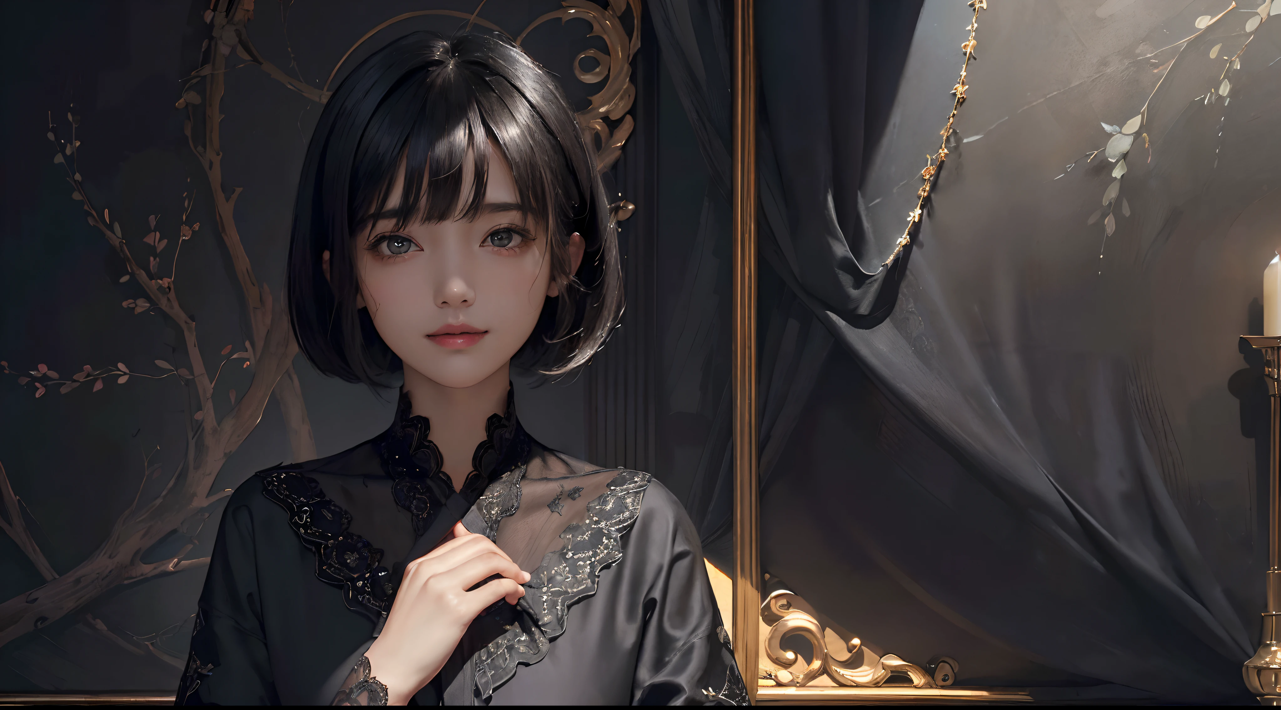 (A hyper-realistic)、(illustratio)、(hight resolution)、(8K)、(ighly detailed)、(Best Illustration)、(beautifully detailed eyes)、(top-quality)、(ultra-detailliert)、(masterpiece)、(wall-paper)、(A detailed face)、独奏、1 girl in、looking at viewert、fine detailed、A detailed face、in the darkness nigth、deep-shadows、lowkey、pureerosfaceace_v1、a smile、((short-hair))、Black shawl straight hair、46-point diagonal bangs、Luxurious room