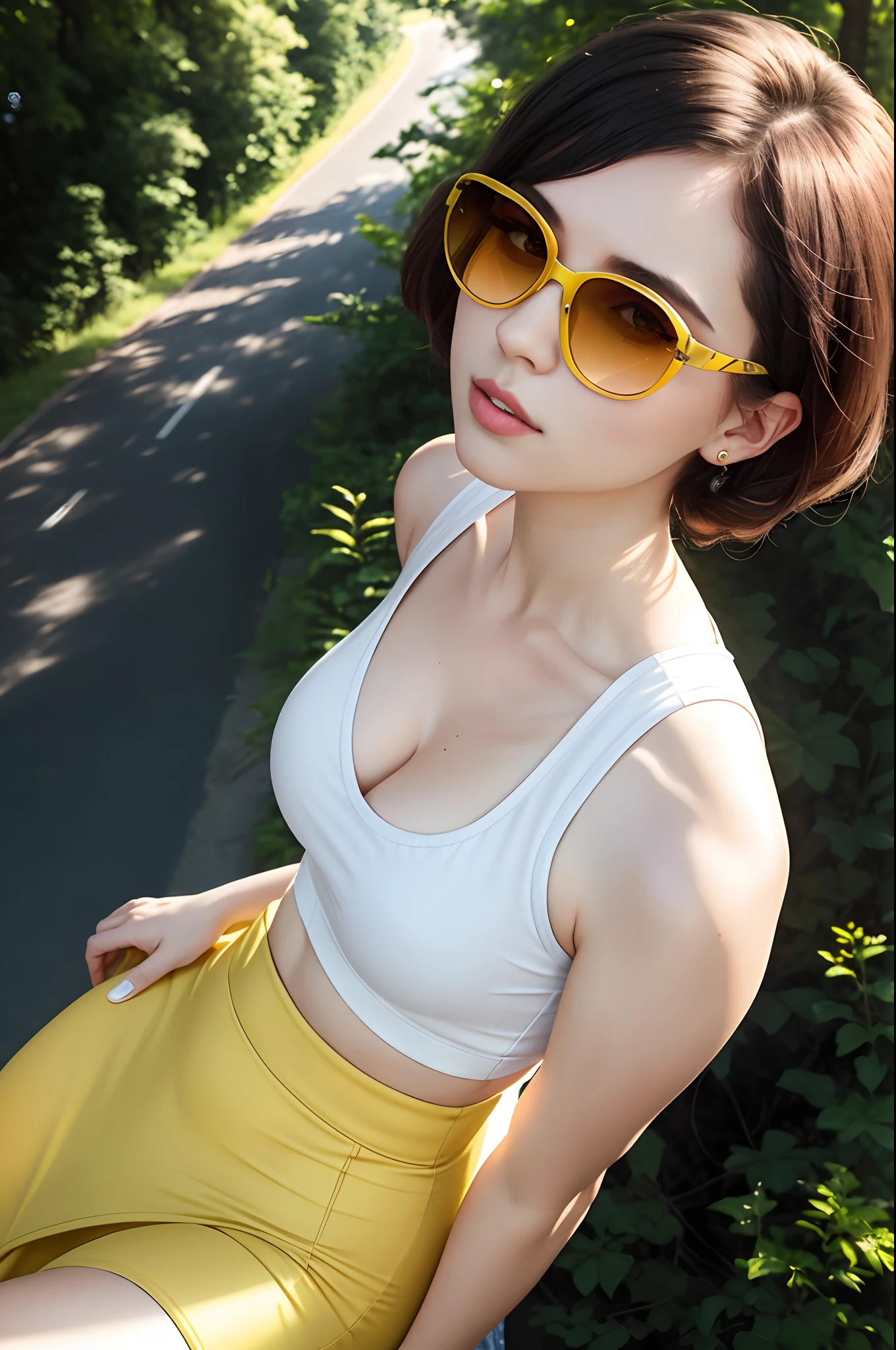cleavage, woman, from_above, crop top, detailed face, yellow bodycon tank top, hair, park, sky, trees, pale skin, moonlight, stars, 1girl, statement sunglasses, woman,petite, vivid colors, bokeh background, subject for emphasis,dramatic colors,