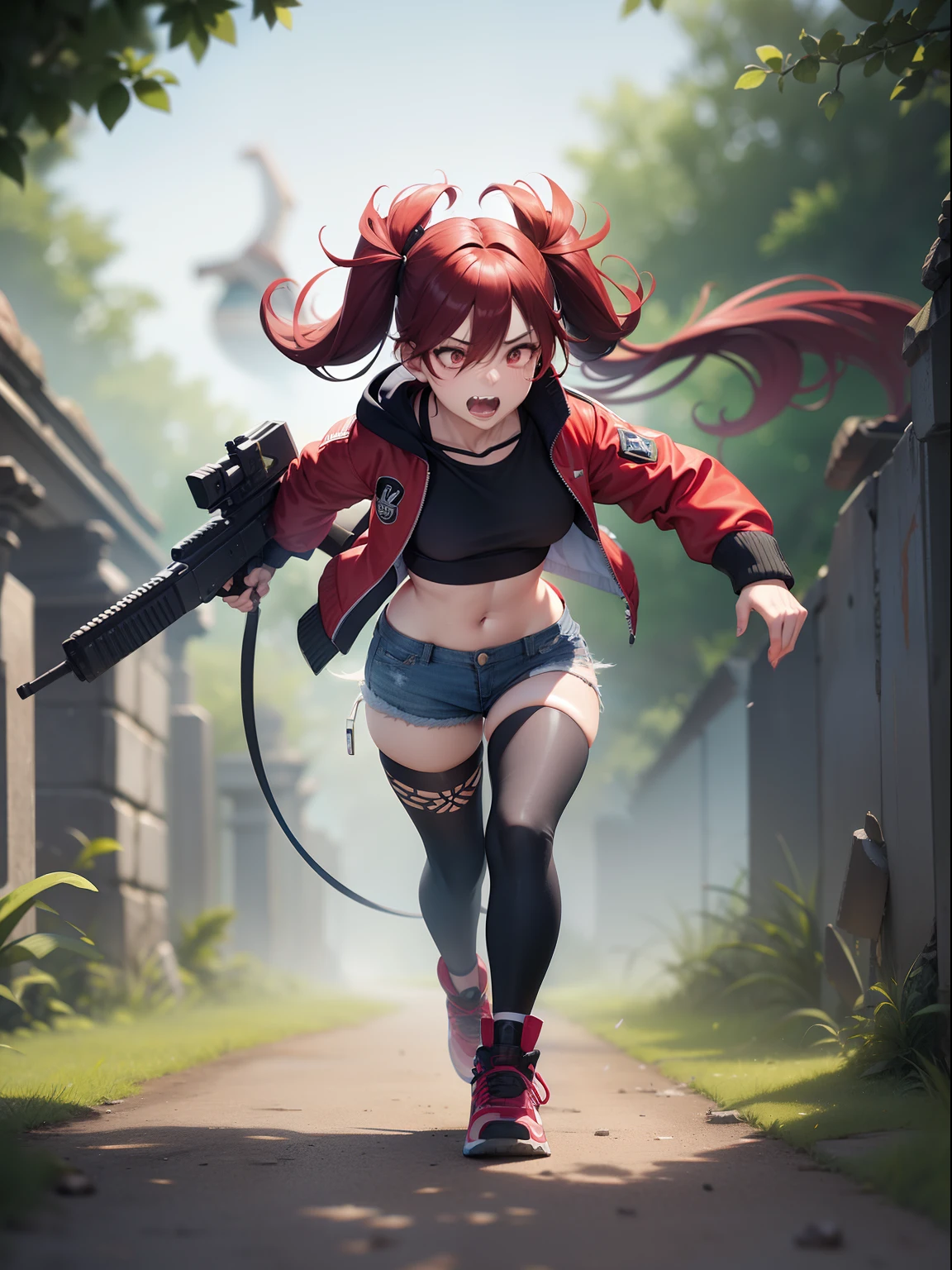 Female asian Irina Shidou red hair twintails, in ancient Mayan ruins, wearing a bomber jacket and crop top and denim shorts, laser rifle in right hand, shooting laser rifle, running away from a giant raptor dinosaur, big scary raptor dinosaur running behind girl. Big terrifying raptor dinosaur with open mouth and sharp teeth running very fast, ray tracing, reflection light, depth of field, full body shot, masterpiece, best quality, high details, high quality, ccurate, textured skin, UHD