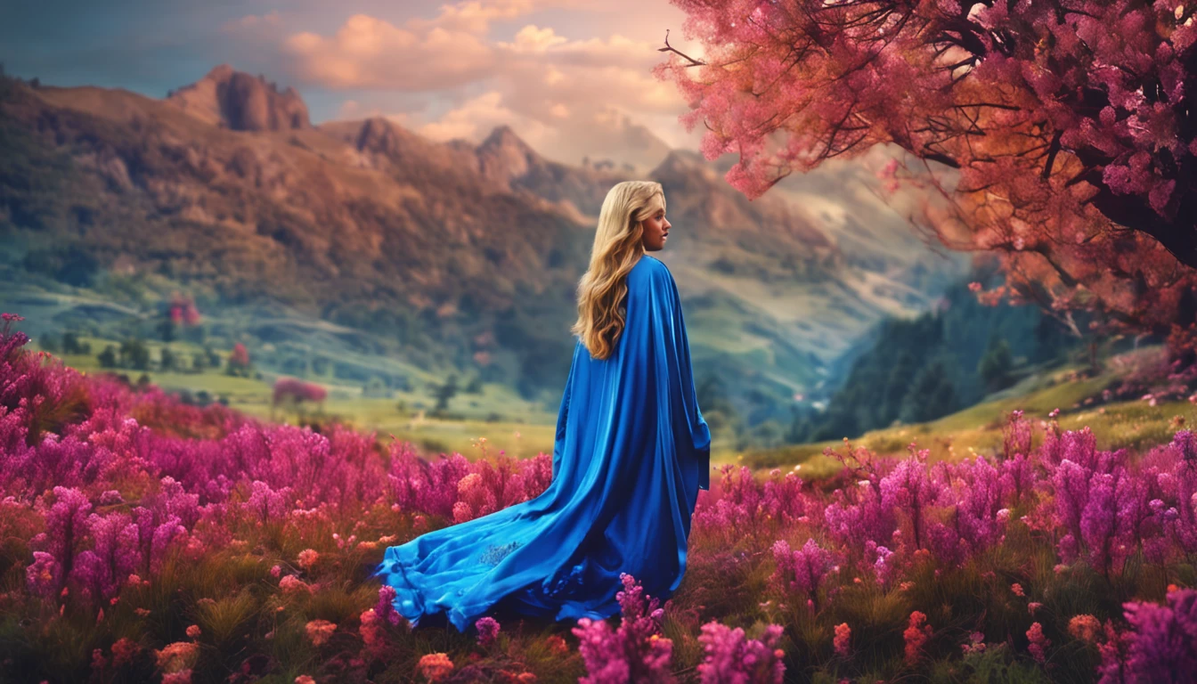 Virgin Mary, beautiful with her blue cloak, radiating divine peace, in a beautiful field of flowers