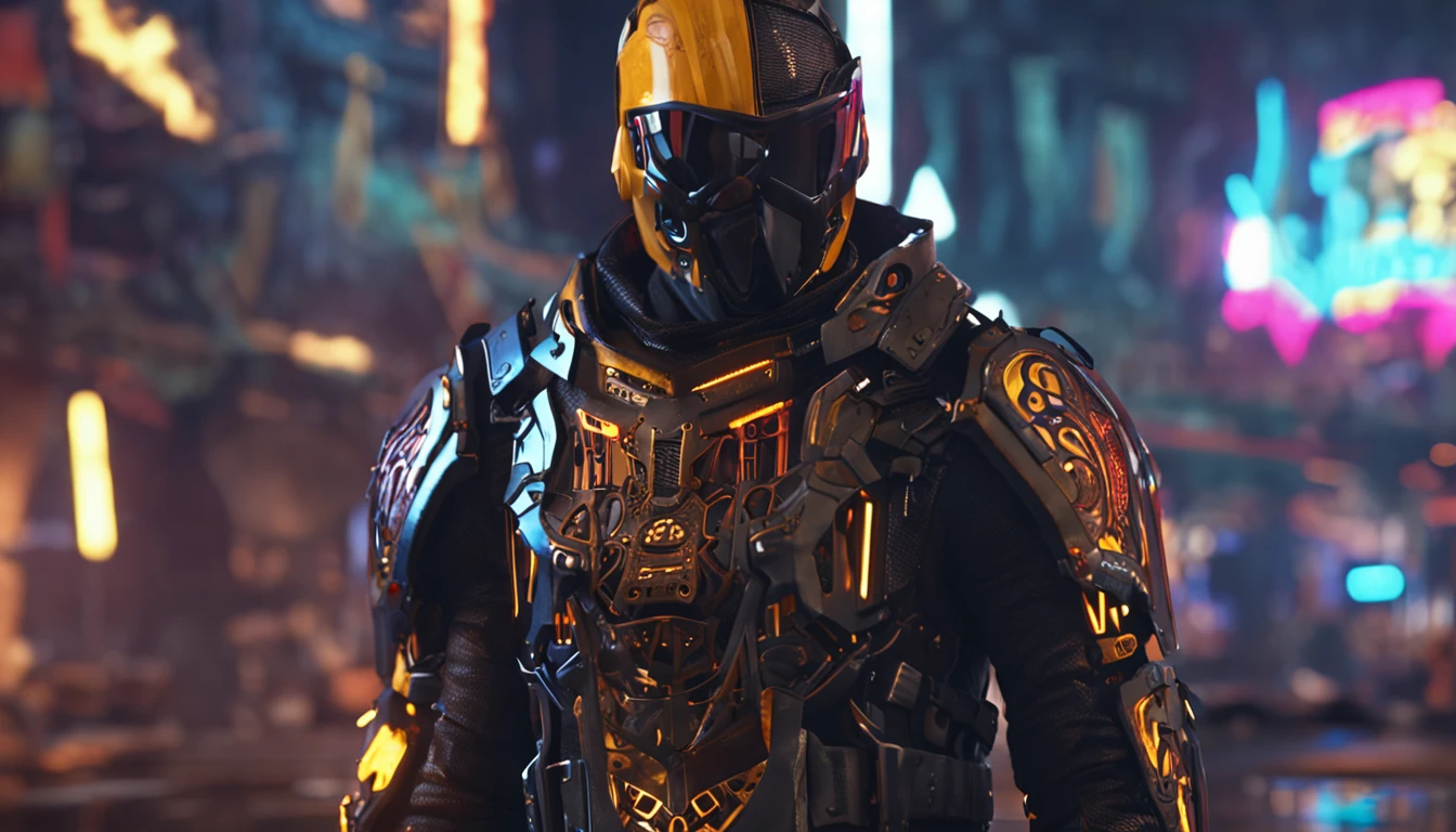 Cavaleiro cyberpunk com armadura medieval