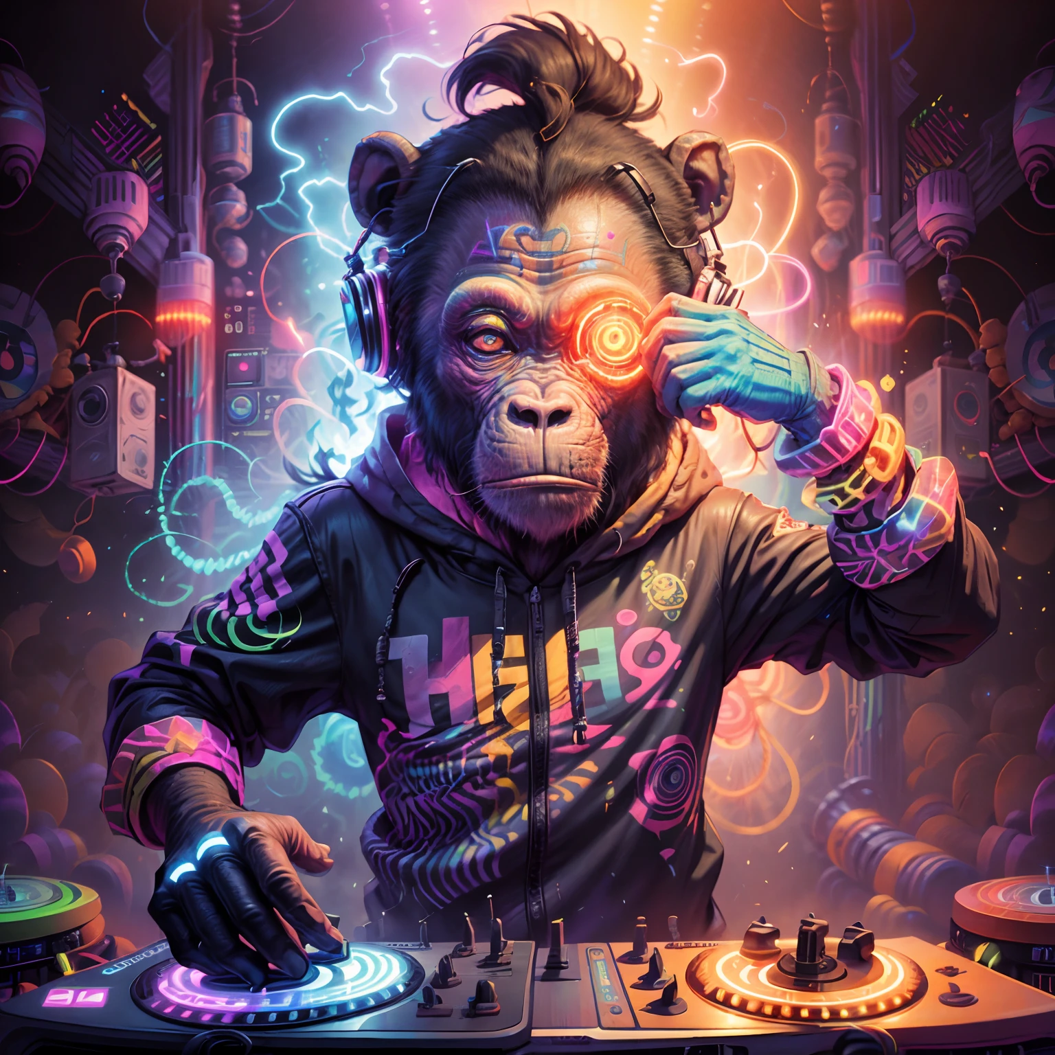 A neopunk DJ chimpanzee unleashes an electrifying and psychedelic performance, captivating the audience with mind-bending beats. The vibrant colors and pulsating rhythms create a hypnotic atmosphere,