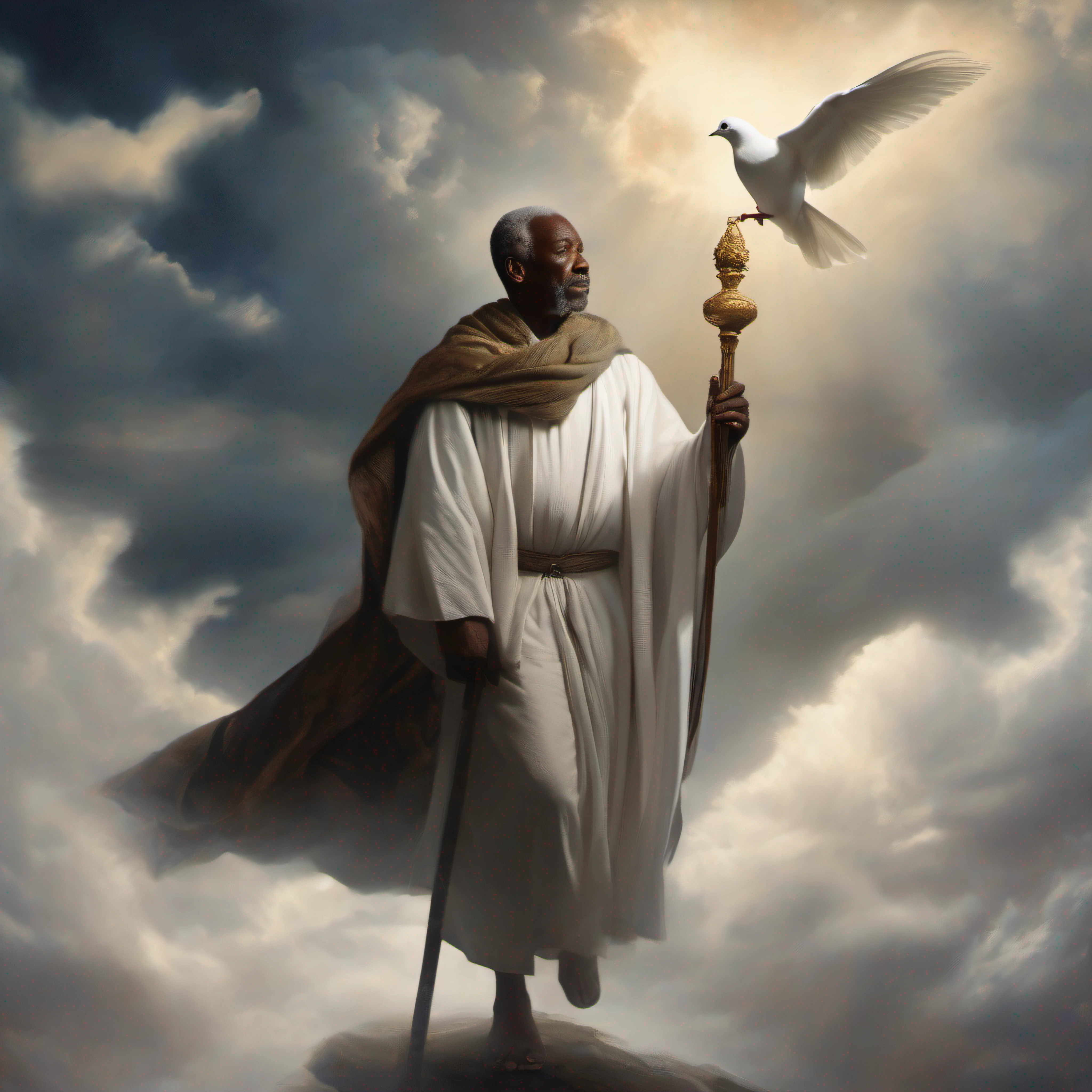 Very old looking black man, a little hunchbacked, wears a white cloak, and a staff, has a white dove in his hand, bare feet, seems to be in the clouds,