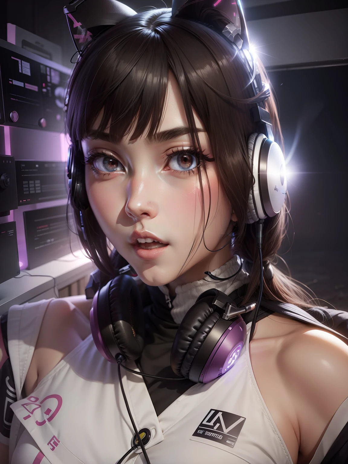 (masterpiece, highest quality:1.5),Wearing a micro bikini and headphones,Arabian women, (Face and eye details:1.1), scifi character, 20 years of cyberpunk,short hair, I'Iのモデルの女の子, SF Girls, SF Girls, Akihiko Yoshida. Unreal Engine, Futuristic clothing and helmets, Beautiful cyberpunk female model, Photorealistic perfect body, SF Girlsキャラクター, Quieter than Metal Gear Solid, Smooth, Glowing Skin