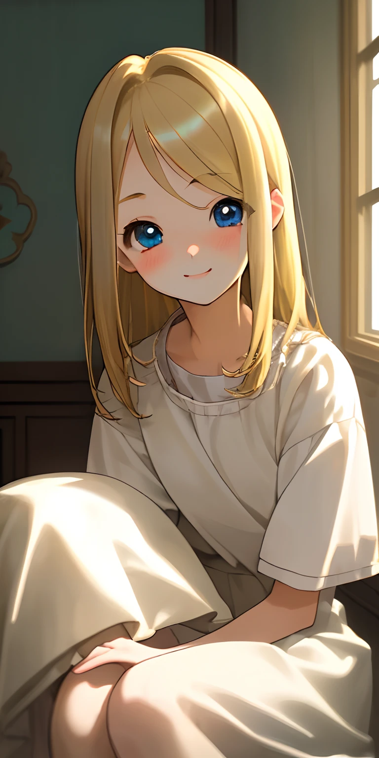 (​masterpiece、top-quality)、pretty cute、１８Year old girl、女の子 1 人、blonde  hair、blue eyess、Warm lighting、I'm embarrassed、A slight smil