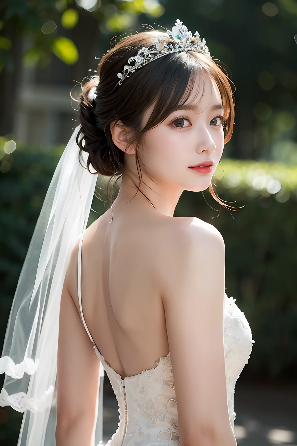 (extremely delicate and beautiful work)、(​masterpiece)、Very detailed princess wedding dresses、Bridal tiara、Bridal Veil、poneyTail、A charming expression、Beautiful and clear eyes、Simple blurry background、Mare、Ultra-fine painting、delicated face、Delicate figure、thin clavicle、Beautiful lips、Soft back view、(8K、Raw photography、top-quality、​masterpiece:1.2), (reallistic, Photorealsitic:1.37)、Cute、Professional Lighting, Photon mapping, Radio City, physically-based renderingt, upper body
