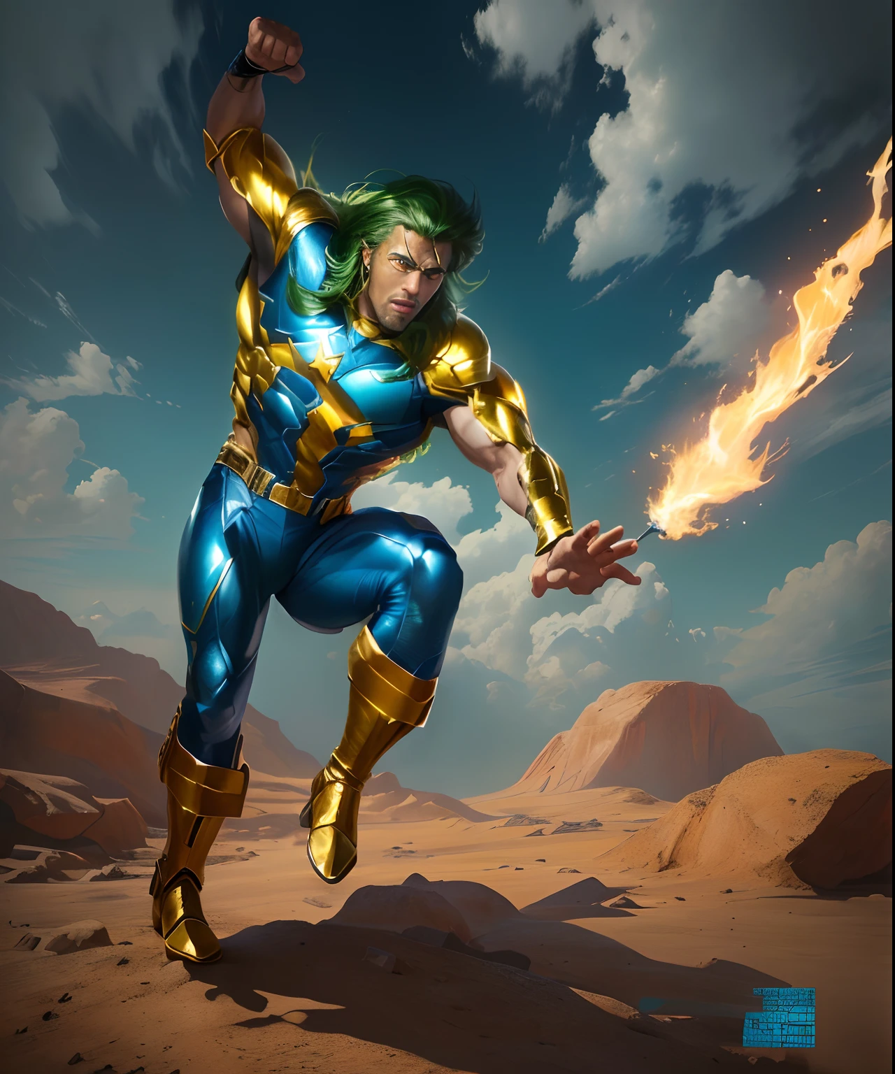 masterpiece, high quality images, high detailed faces, perfect faces, Um desenho realista do Doutor Samson, pele caucasiana, cabelos e olhos verdes, camiseta sem mangas vermelha com raio amarelo no peito, blue pants, botas amarelas, it's jumping in the air, positing on rock super hero pose, pose masculina heroica, desenho de quadrinhos, heroic action pose, pose de salto heroico, Desenho realista de quadrinhos da Marvel, desenho realista de alta qualidade, inspirado por Gary Frank, Fantastic Art, 8k