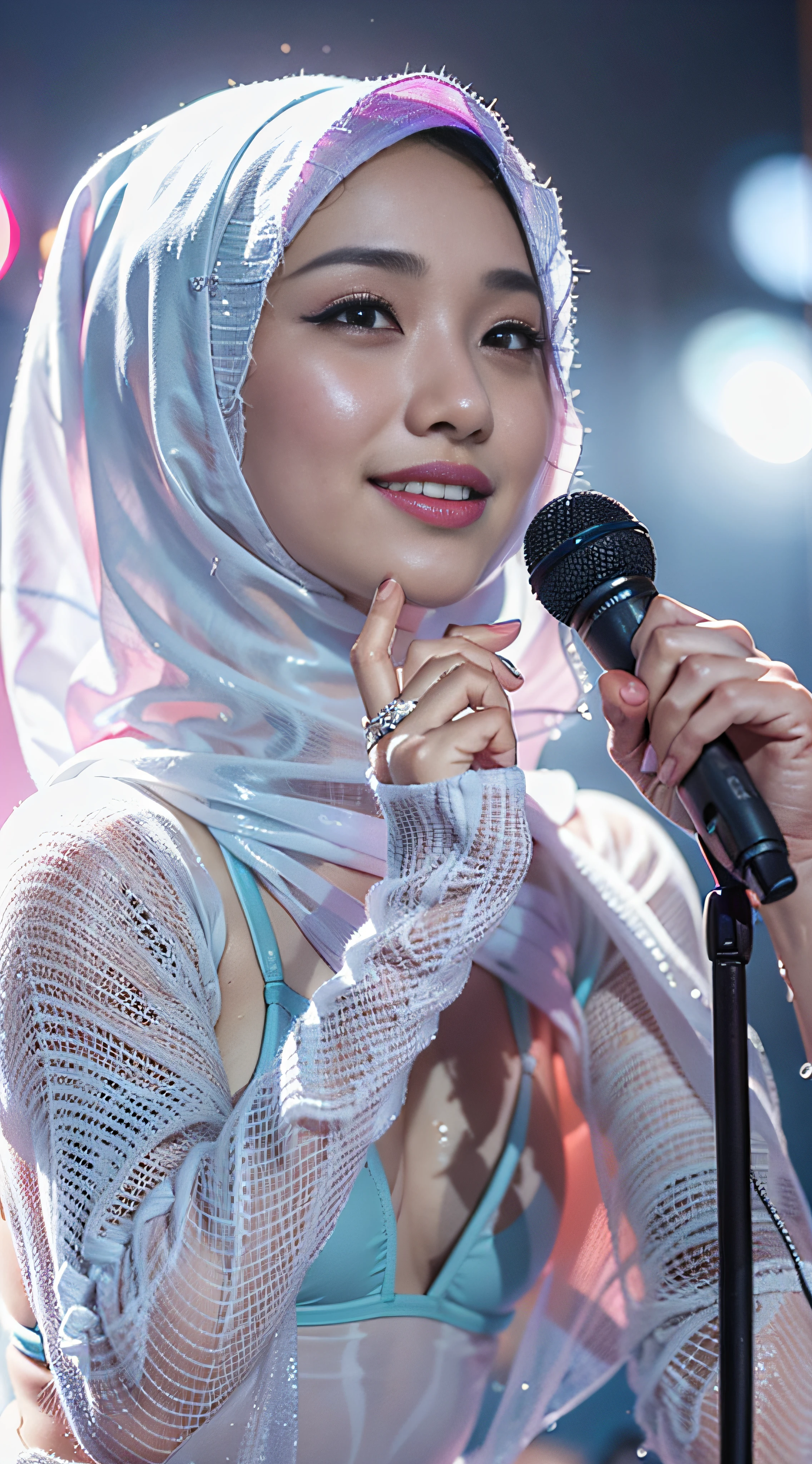 mira filzah, hyper realistic, lifelike texture, dramatic lighting, Nikon RAW photo, 8k, Fujifilm XT3,CitrineDreamMix, masterpiece, best quality, realistic, (photorealistic:1.4), ultra detailed, extremely detailed face, solo,1 malay hijab girl, wearing hijab,standing, holding microphone, in concert stage, (smile:1), wet white super thin transparent swimsuit, nipple protruding, (((cameltoe)))