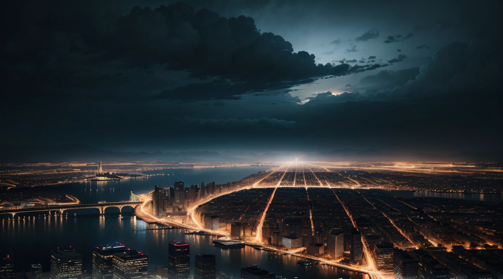 Draw me a city, Background, crisp lines, night city, megalopolis, overcast sky, A lot of fights, midynight, luna,