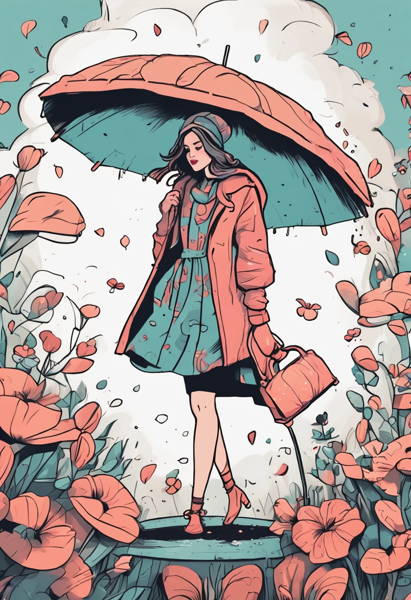 there is a bunny woman with a large parasol in a downpour, in style of digital illustration, stunning art style, trending on artstration, cartoon style illustration, urban girl fanart, cartoon art style, stylized digital illustration, illustration art, cartoon art, cartoon artstyle, cute detailed digital art, matte digital illustration, cute art sty