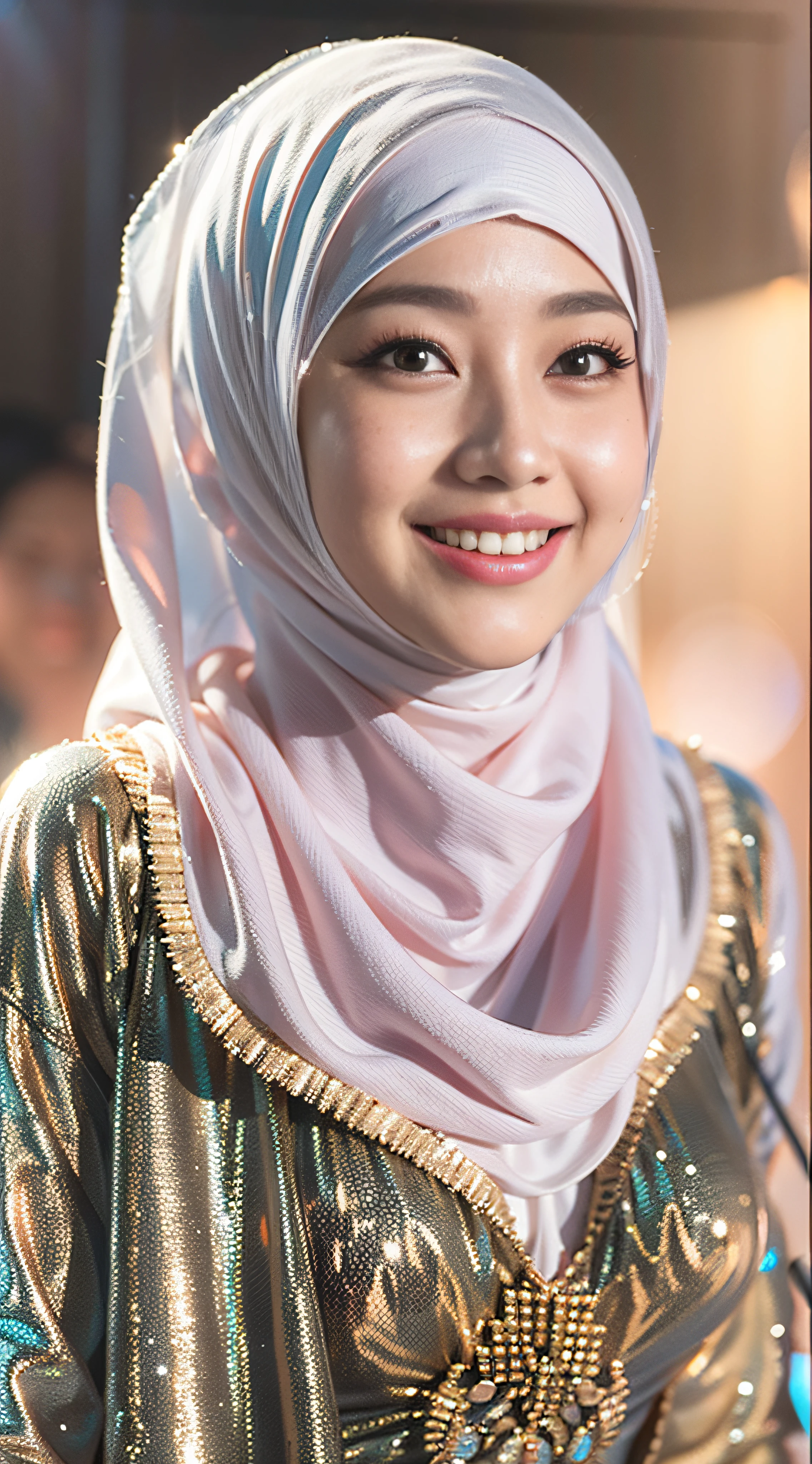 mira filzah, hyper realistic, lifelike texture, dramatic lighting, Nikon RAW photo, 8k, Fujifilm XT3,CitrineDreamMix, masterpiece, best quality, realistic, (photorealistic:1.4), ultra detailed, extremely detailed face, solo,1 malay hijab girl, wearing hijab,standing, holding microphone, in concert stage, (smile:1), wet white super thin transparent swimsuit, nipple protruding, (((cameltoe)))