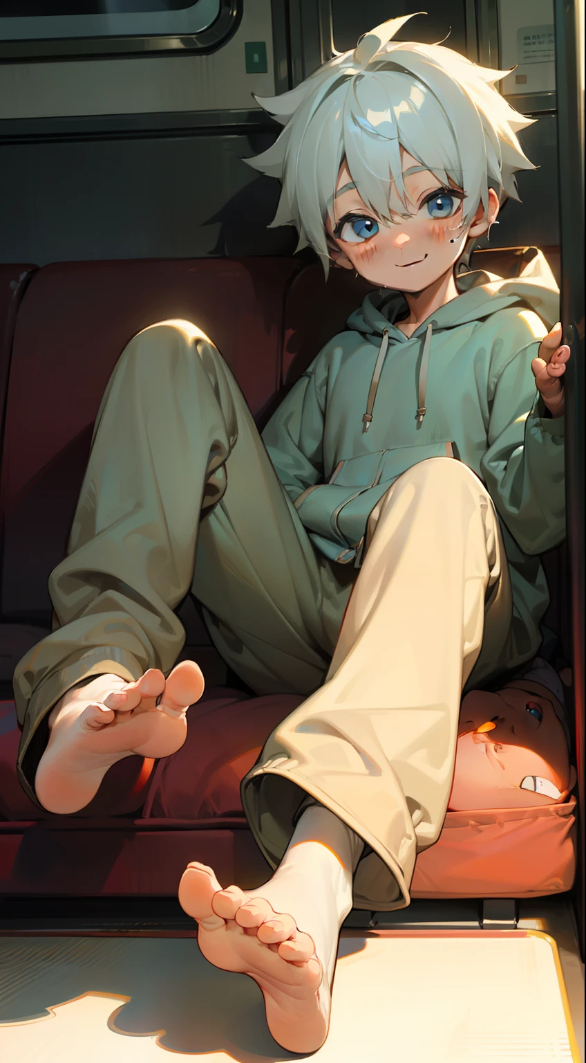 Masterpiece, chubby boy with white hair and shiny bright blue eyes and barefoot wearing a hoodie, and oversized sweatpants sitting in a train, young, boy, child,l, toddsoft lit, (sweatpants:1.4), (Boy:1.4), (Shota:1.4), (Young:1.4), (Male:1.4), (smiling:1.4), (foot:1.4), (shy:1.4),