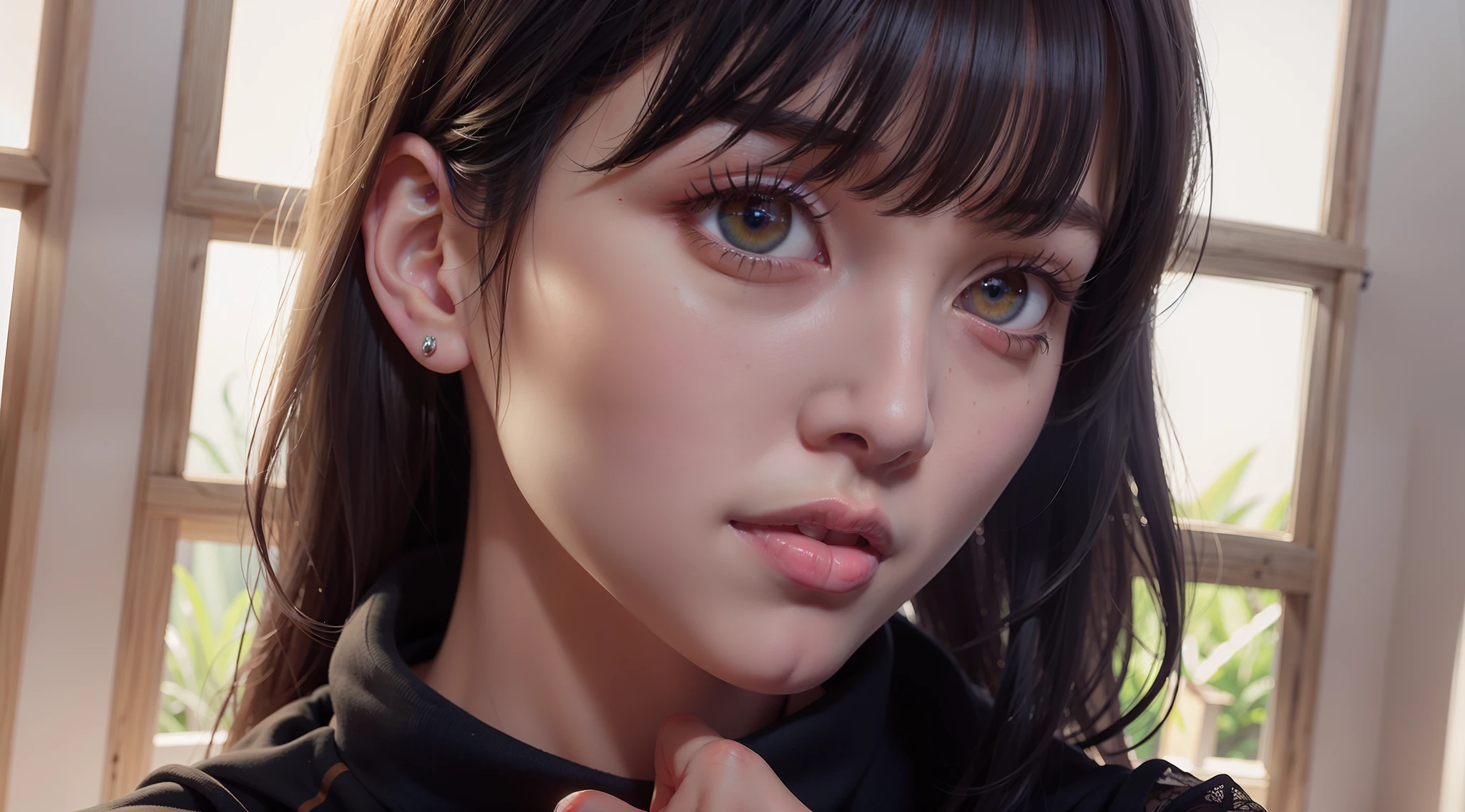obra-prima, (fotorrealista: 16.9), melhor qualidade, beautiful lighting, Makimcsm, sozinho, seios nu, Olhando_em_visualizador, sorrir, Longas_Mangas, vestir, medium_seios, 鎖骨, superior_corpo, preto_vestir, halo, olho_foco, Foto RAW, 8k UHD, grain of film,