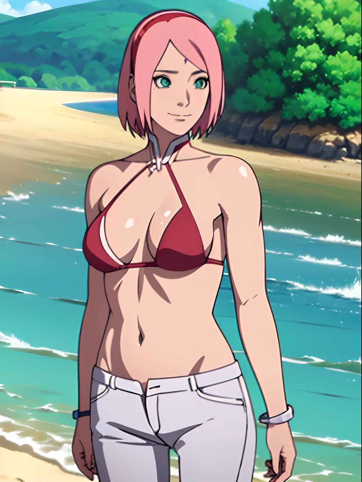 masterpiece, 4k, portrait, cowboy shot, professional artwork, detailed beach background, intricate details, colorful, digital blending, (ultra detailed body, ultra detail hair, ultra detail face), trending on pixiv, kind smile, best quality, anime style: 1.9, 1girl, hires, haruno sakura, (forehead mark, milf, red hairband, pale skin, small breasts, short hair, ((bare neck, red (micro) bikini top, (bikini top only)), white pants), (navel, belly button, bracelet, pink hair, closed mouth, big eyes), smile, beach, wind, floating hair, detailed arms, off-shoulders, broad shoulders, (slightly muscular arms, slightly strong biceps), (dirty armpits, armpit pocket), standing)